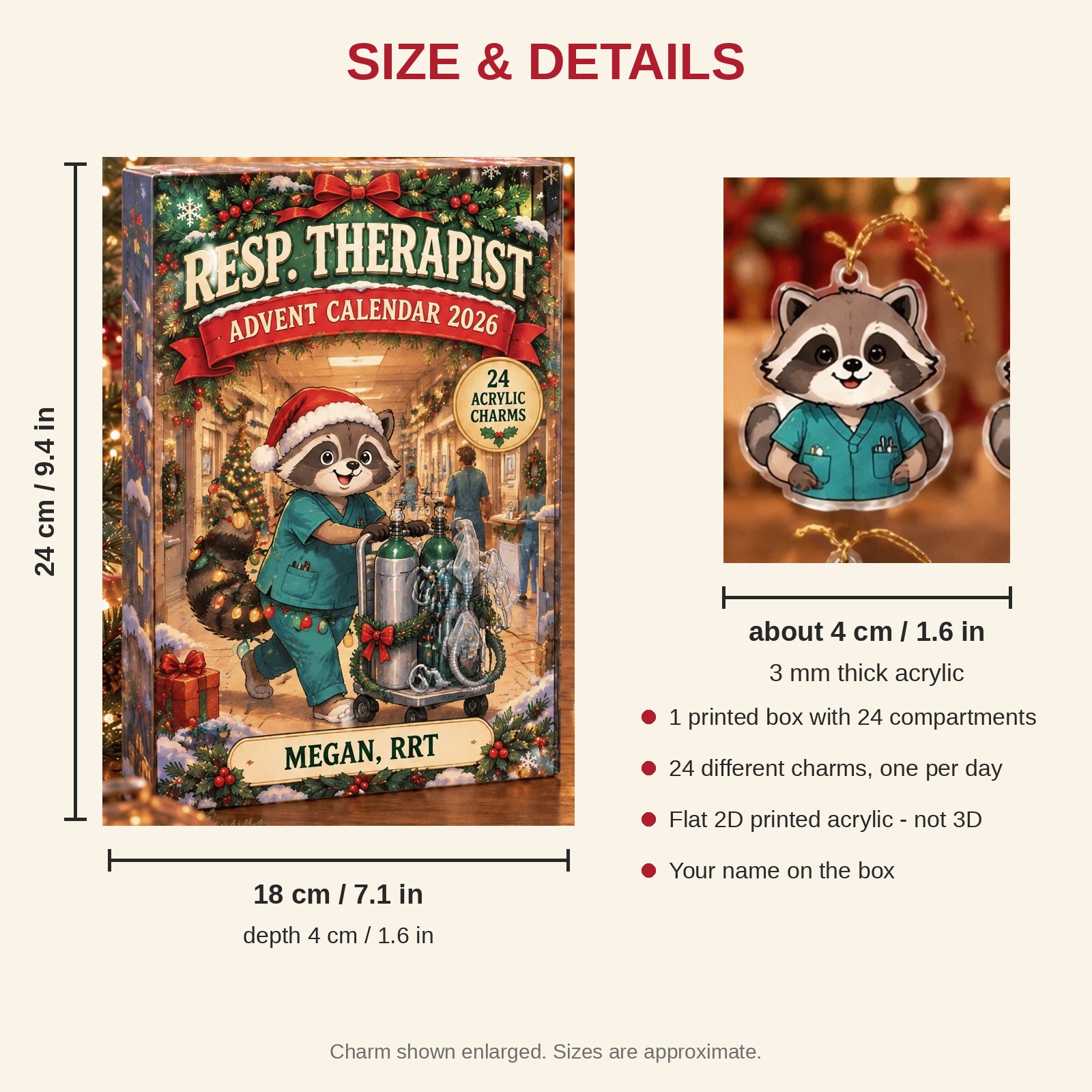 Personalized RT Raccoon advent calendar box with 24 flat acrylic Christmas charms: box and charm sizes