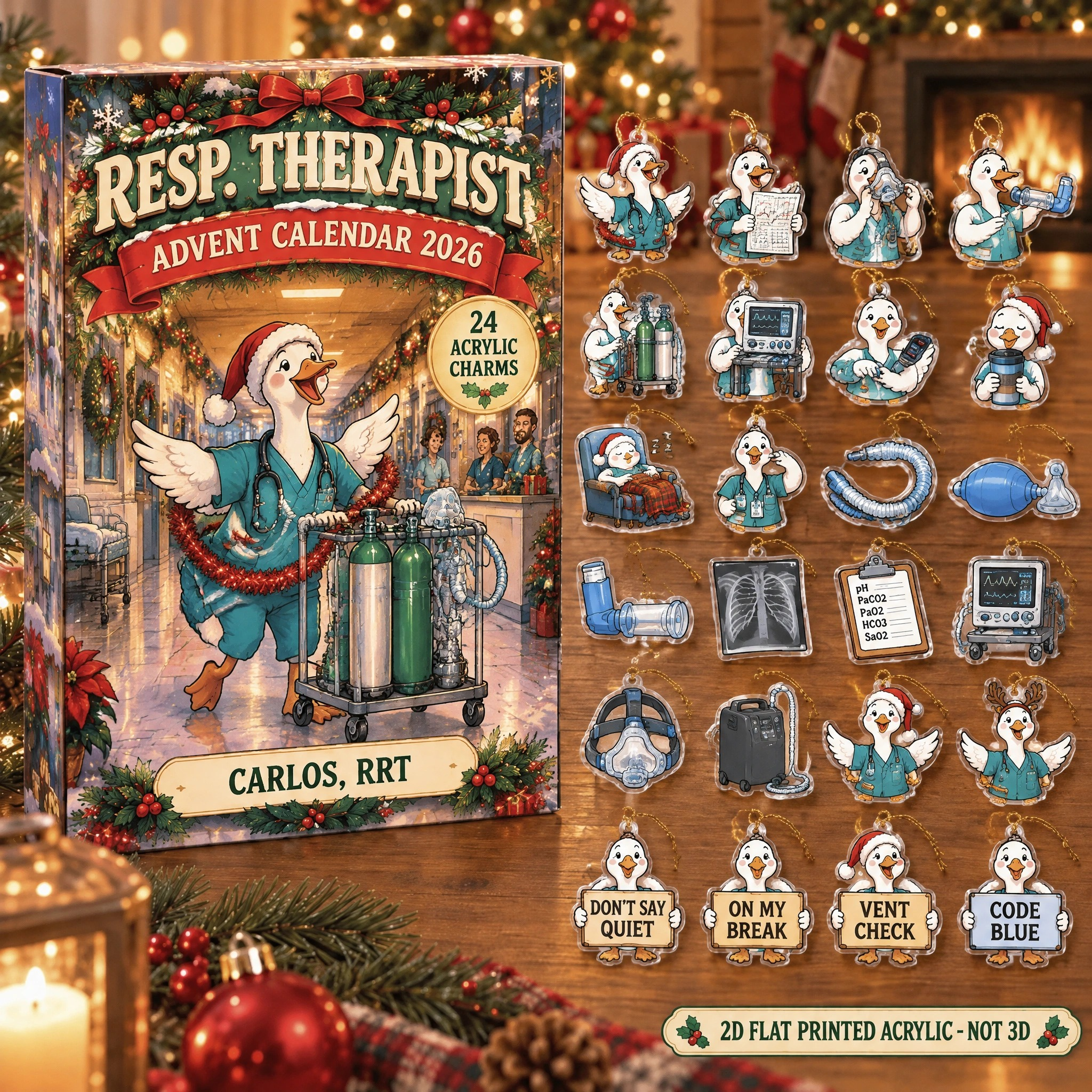 Personalized RT Silly Goose advent calendar box with 24 flat acrylic Christmas charms