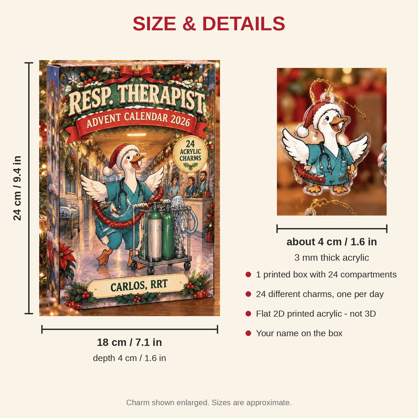Personalized RT Silly Goose advent calendar box with 24 flat acrylic Christmas charms: box and charm sizes