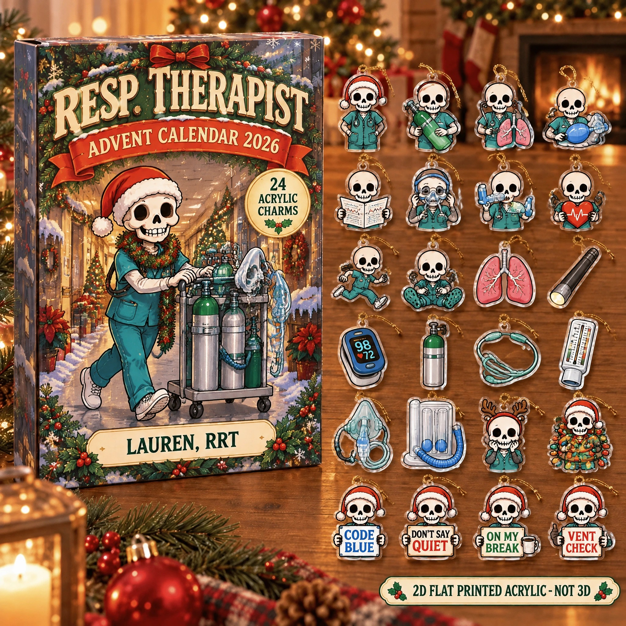 Personalized RT Skeleton advent calendar box with 24 flat acrylic Christmas charms