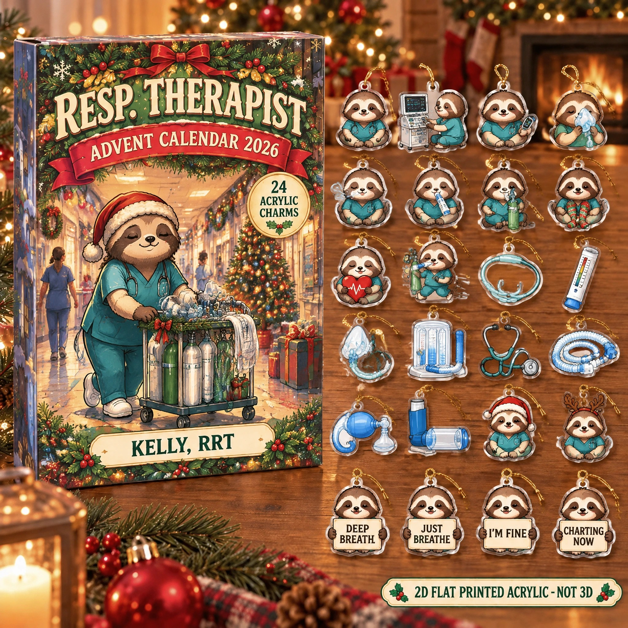 Personalized Respiratory Therapist Sloth advent calendar box with 24 flat acrylic Christmas charms