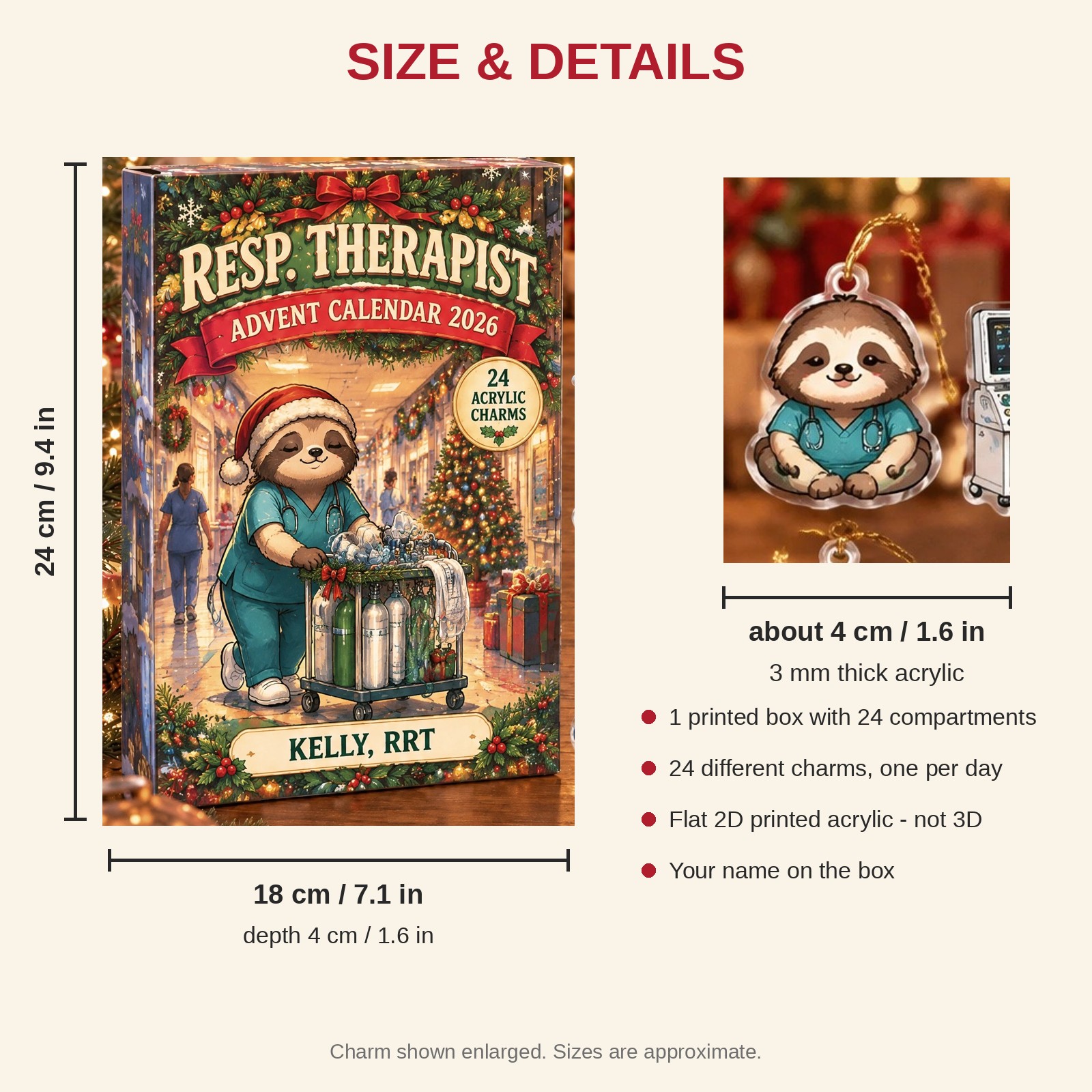 Personalized Respiratory Therapist Sloth advent calendar box with 24 flat acrylic Christmas charms: box and charm sizes