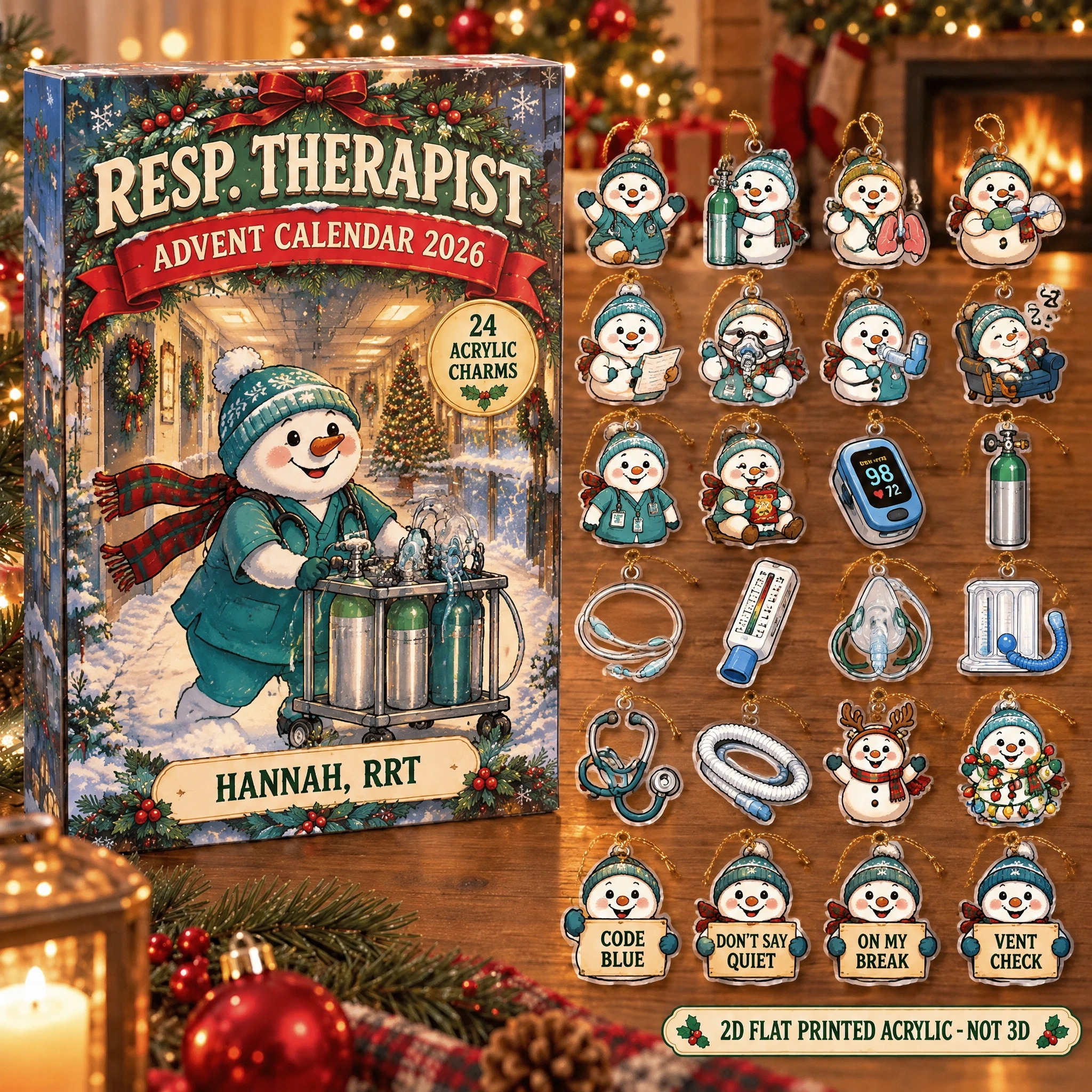 Personalized RT Snowman advent calendar box with 24 flat acrylic Christmas charms