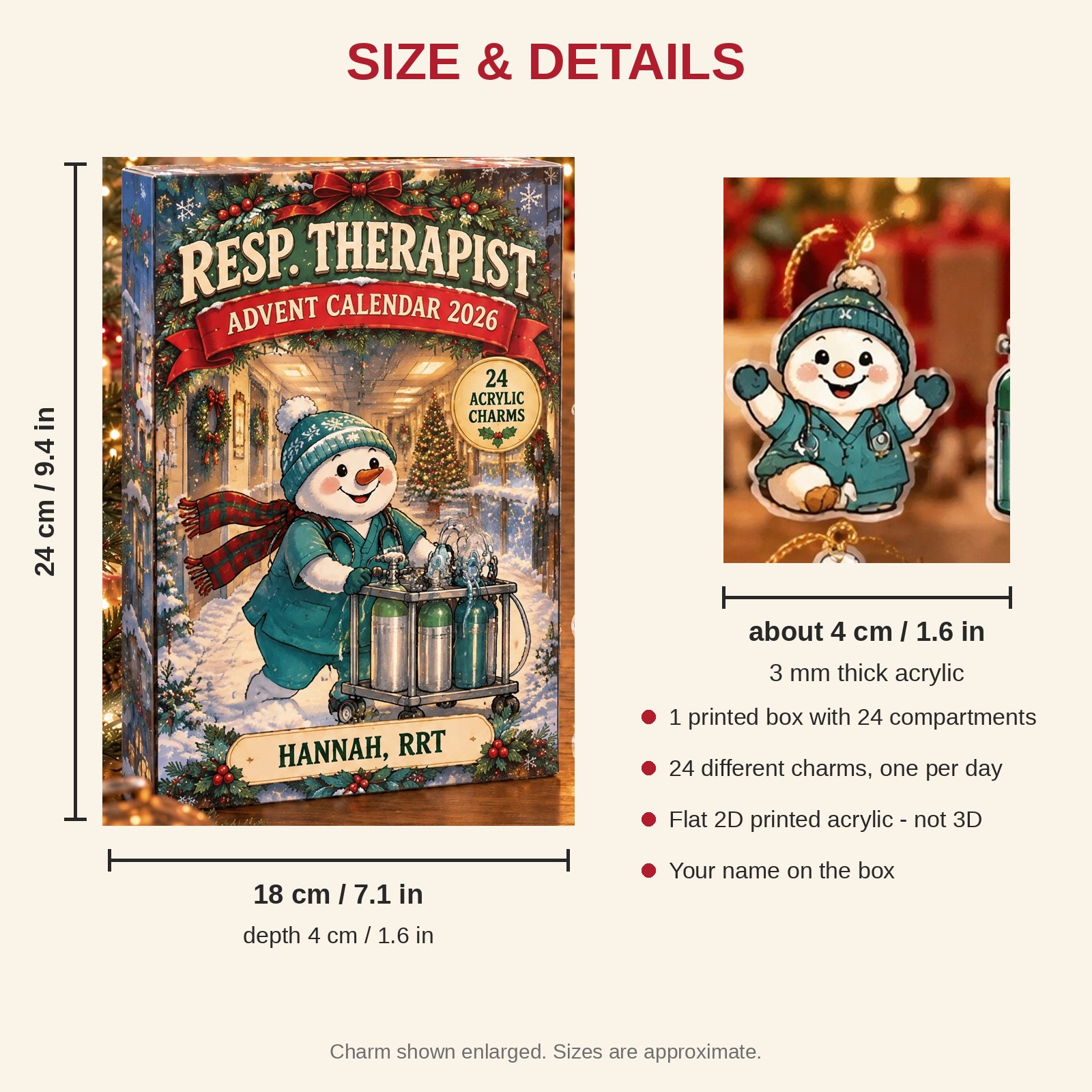 Personalized RT Snowman advent calendar box with 24 flat acrylic Christmas charms: box and charm sizes