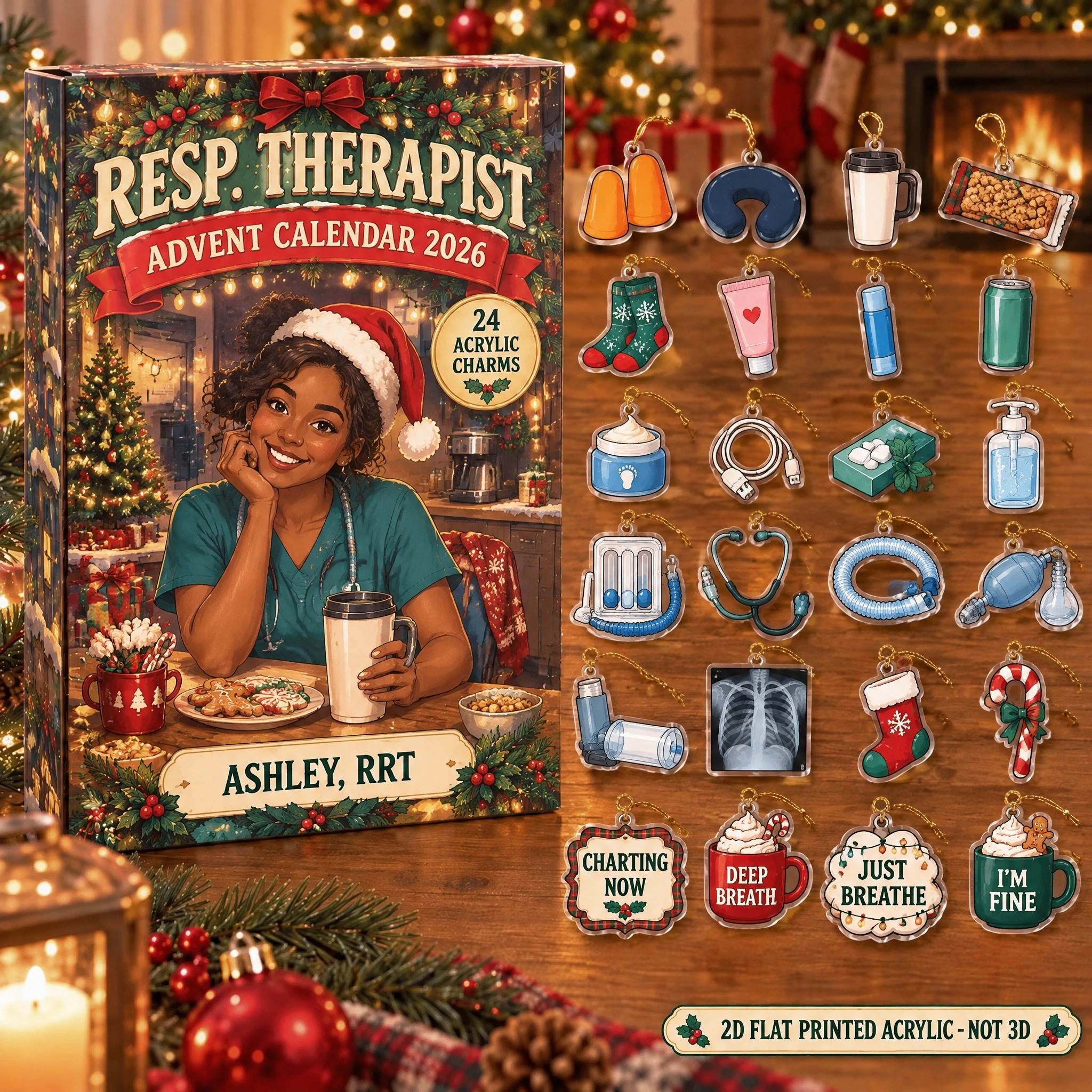 Personalized RT Survival Kit advent calendar box with 24 flat acrylic Christmas charms