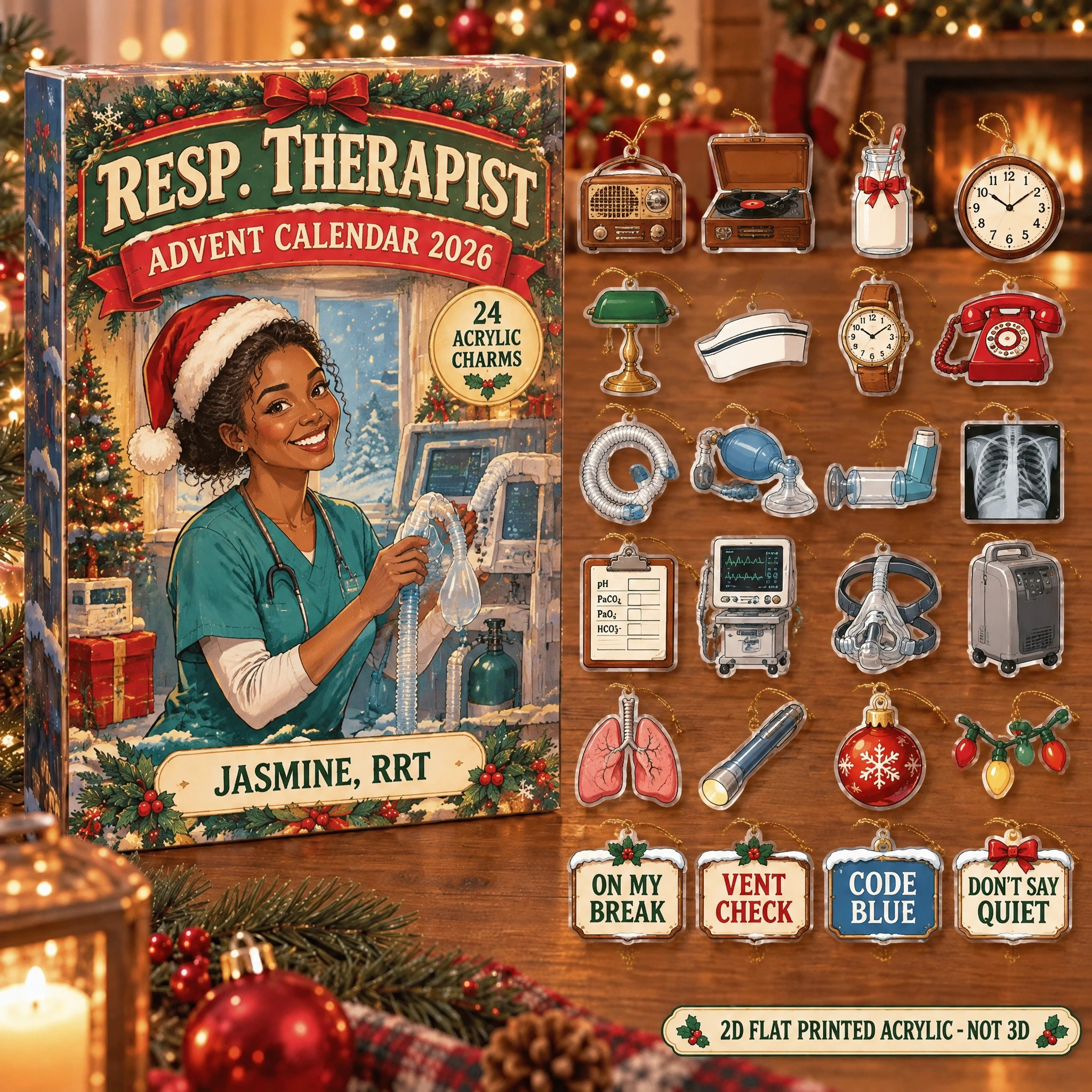 Personalized Vintage Retro RT advent calendar box with 24 flat acrylic Christmas charms