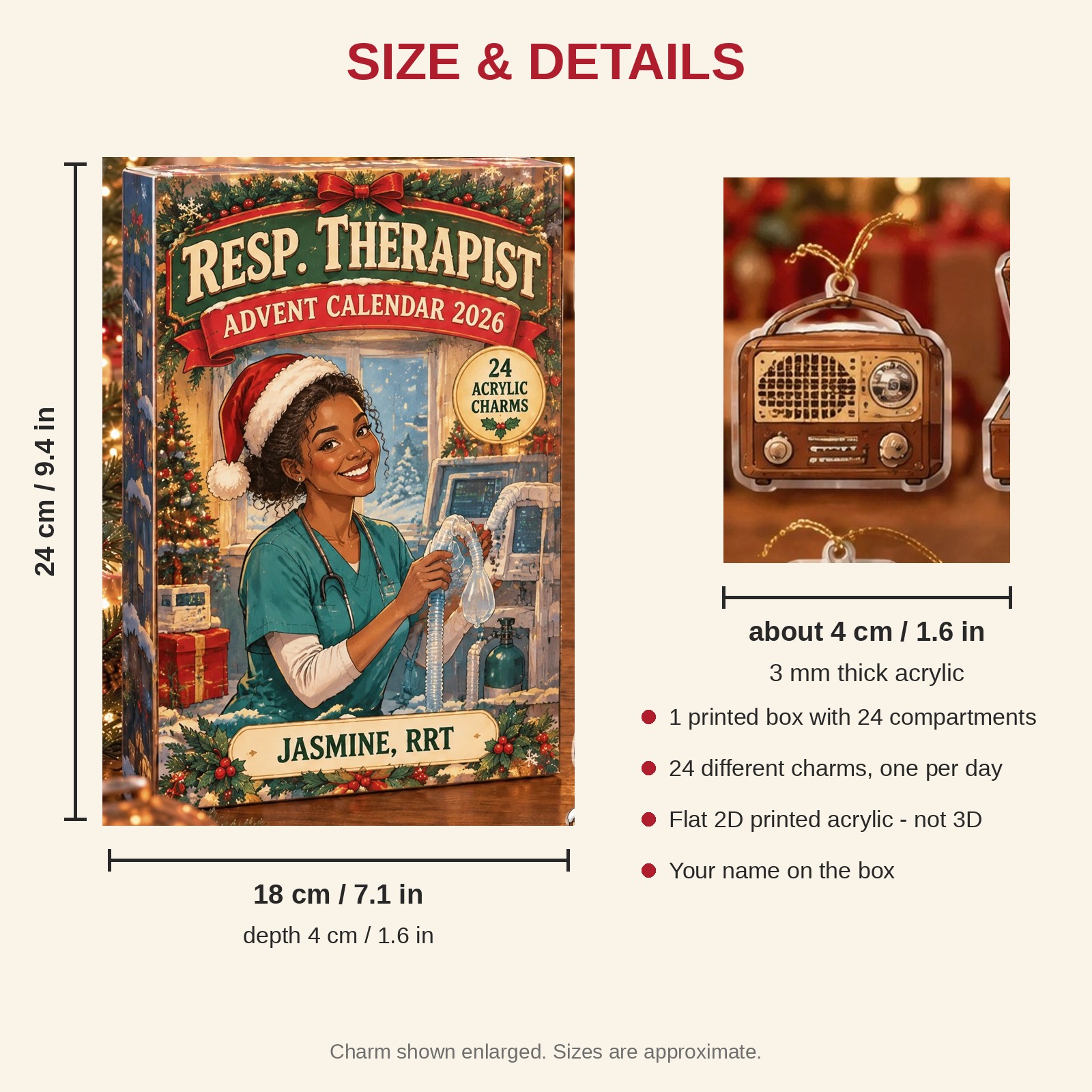 Personalized Vintage Retro RT advent calendar box with 24 flat acrylic Christmas charms: box and charm sizes