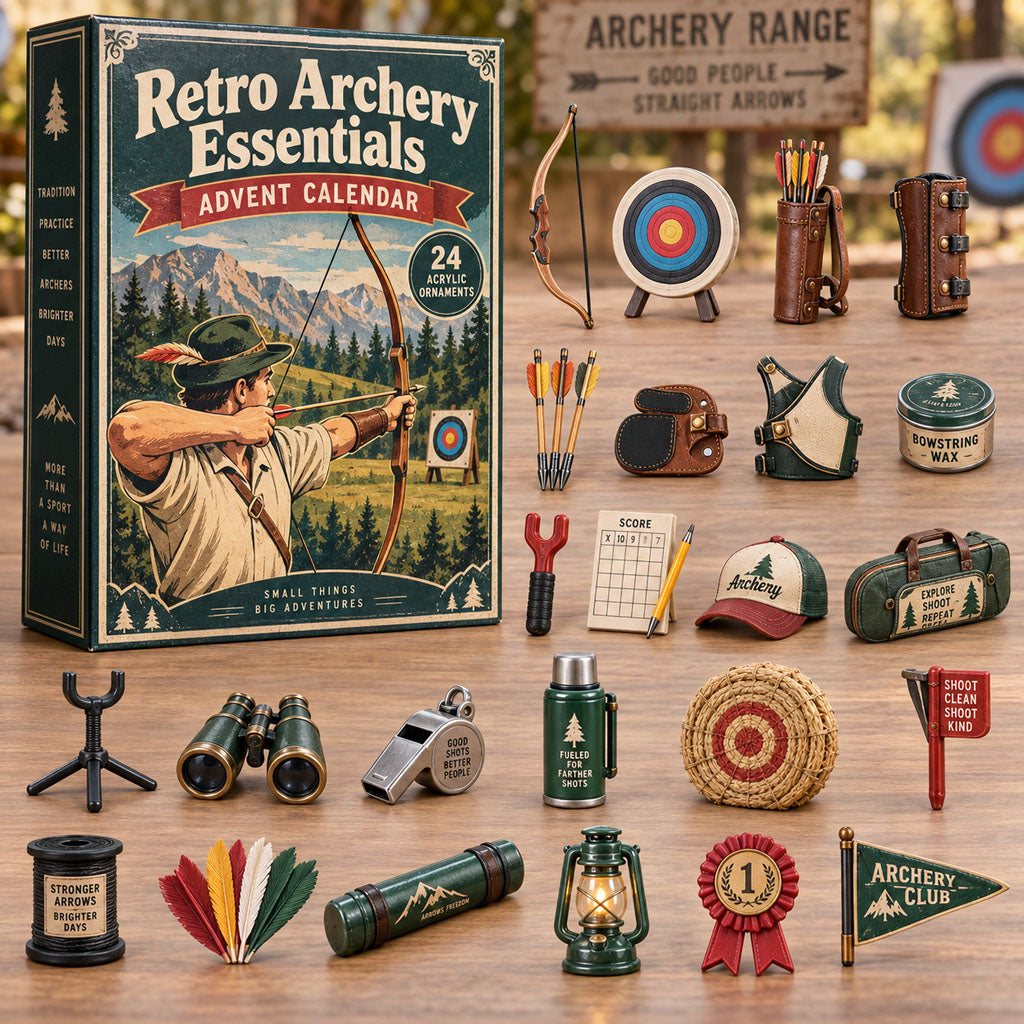 Retro Archery Essentials advent calendar box with 24 acrylic Christmas charms