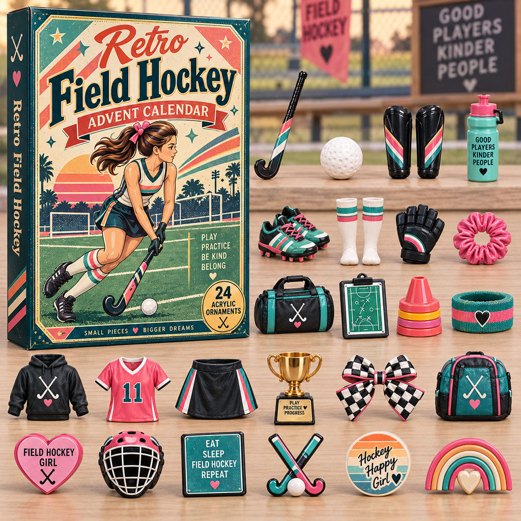 Retro Field Hockey Girl advent calendar box with 24 acrylic Christmas charms