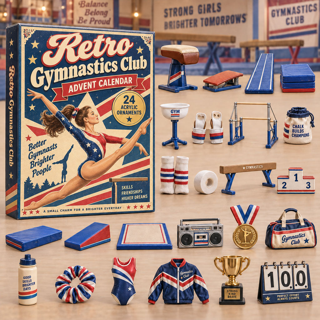 Retro Gymnastics Club advent calendar box with 24 acrylic Christmas charms