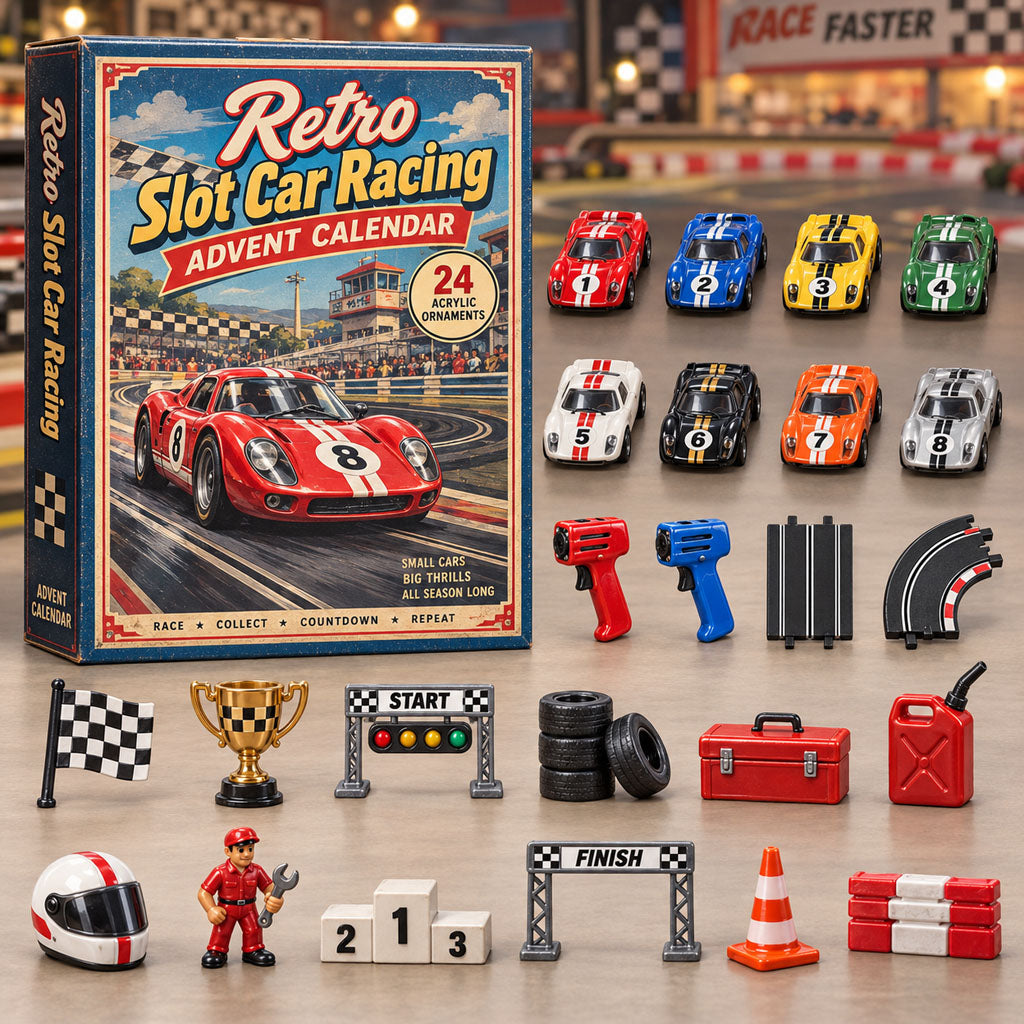 Retro Slot Car Racing advent calendar box with 24 acrylic Christmas charms