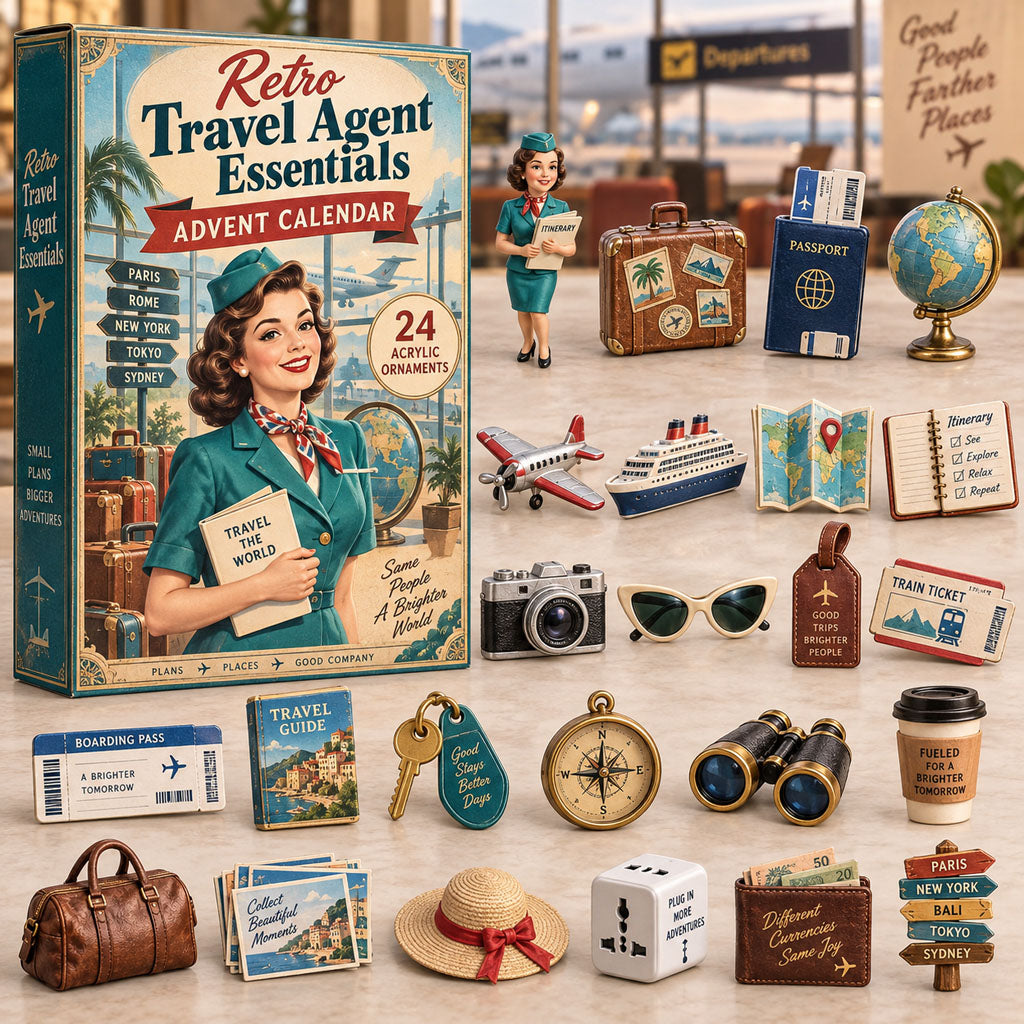 Retro Travel Agent Essentials advent calendar box with 24 acrylic Christmas charms