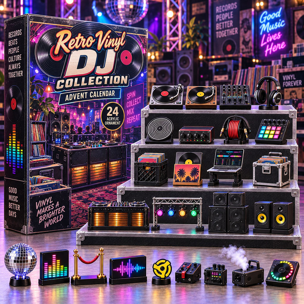 Retro Vinyl DJ advent calendar box with 24 acrylic Christmas charms
