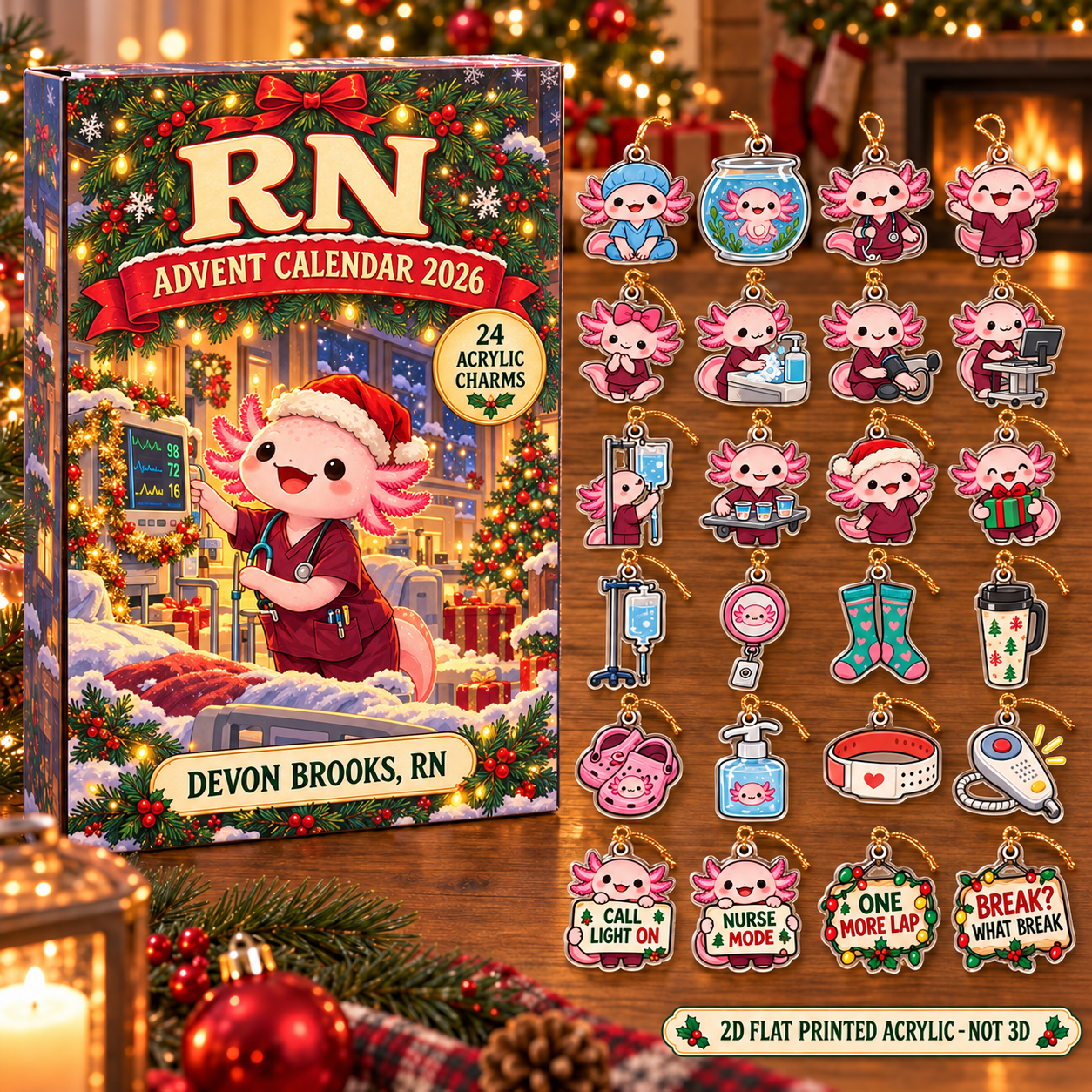 Personalized RN Axolotl advent calendar box with 24 flat acrylic Christmas charms