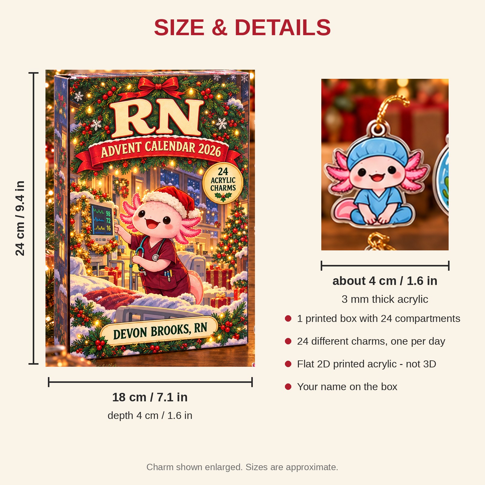 Personalized RN Axolotl advent calendar box with 24 flat acrylic Christmas charms: box and charm sizes