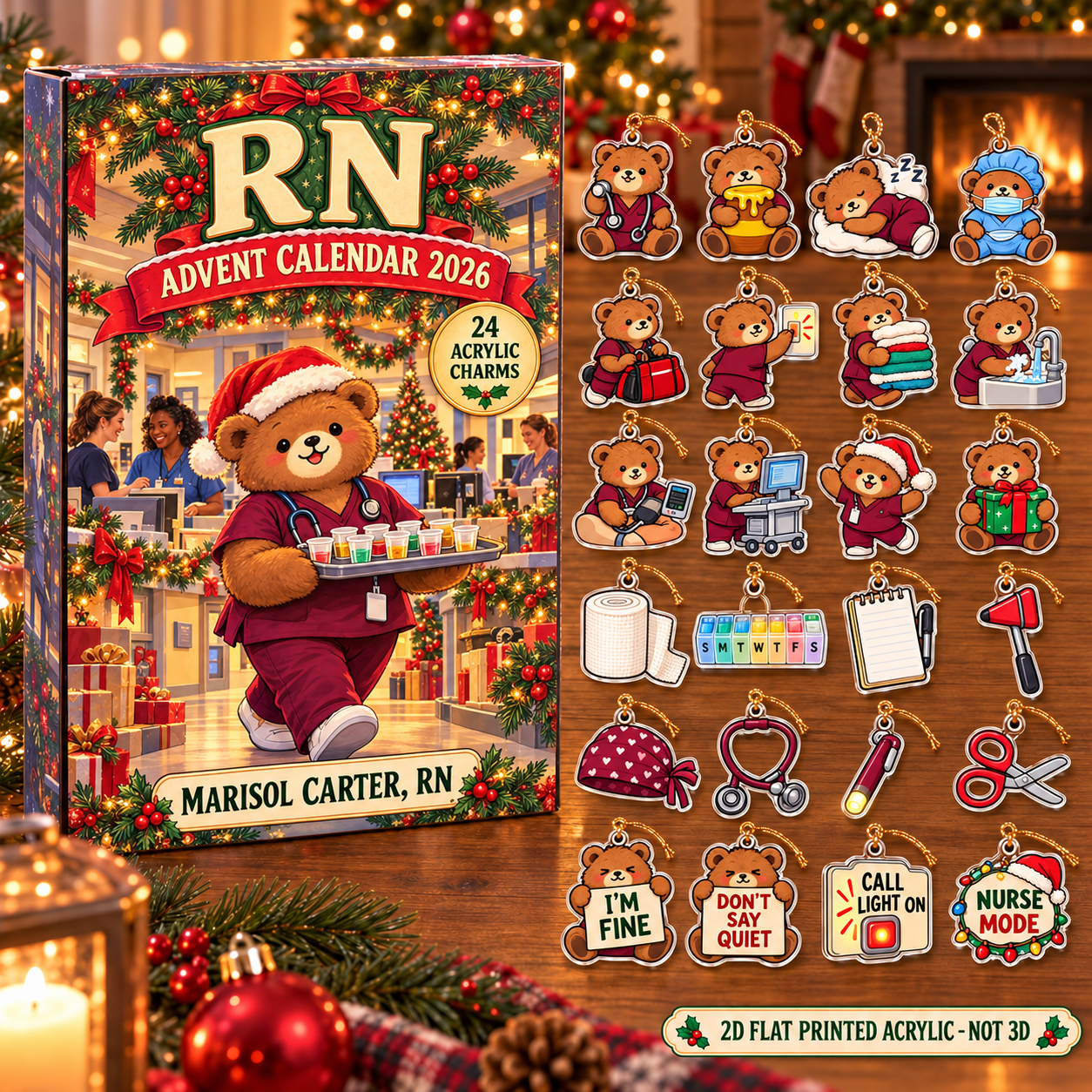 Personalized RN Bear advent calendar box with 24 flat acrylic Christmas charms