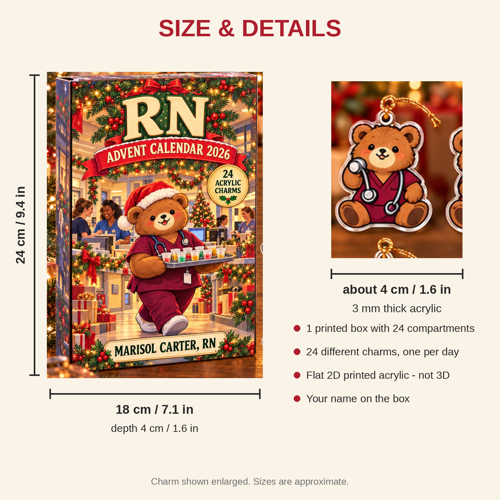 Personalized RN Bear advent calendar box with 24 flat acrylic Christmas charms: box and charm sizes