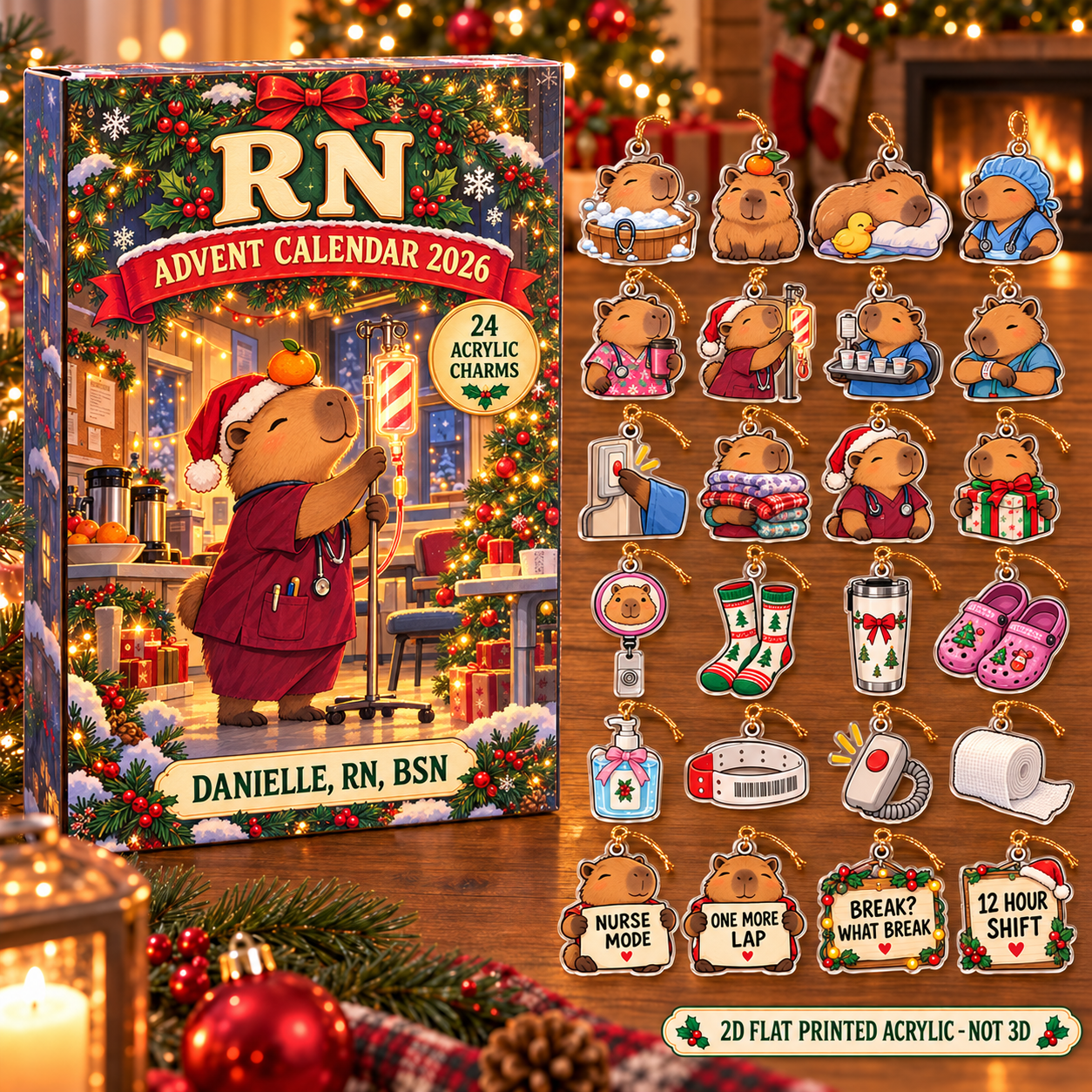 Personalized RN Capybara advent calendar box with 24 flat acrylic Christmas charms