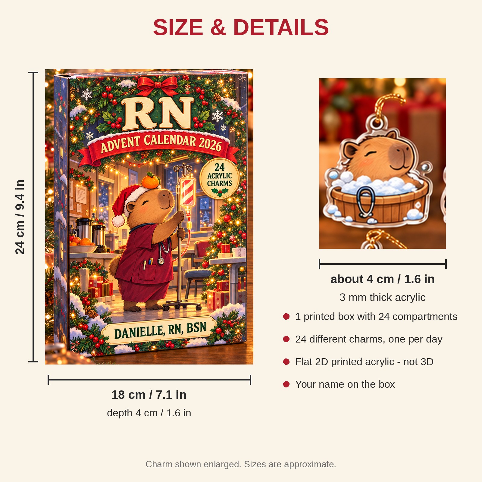 Personalized RN Capybara advent calendar box with 24 flat acrylic Christmas charms: box and charm sizes