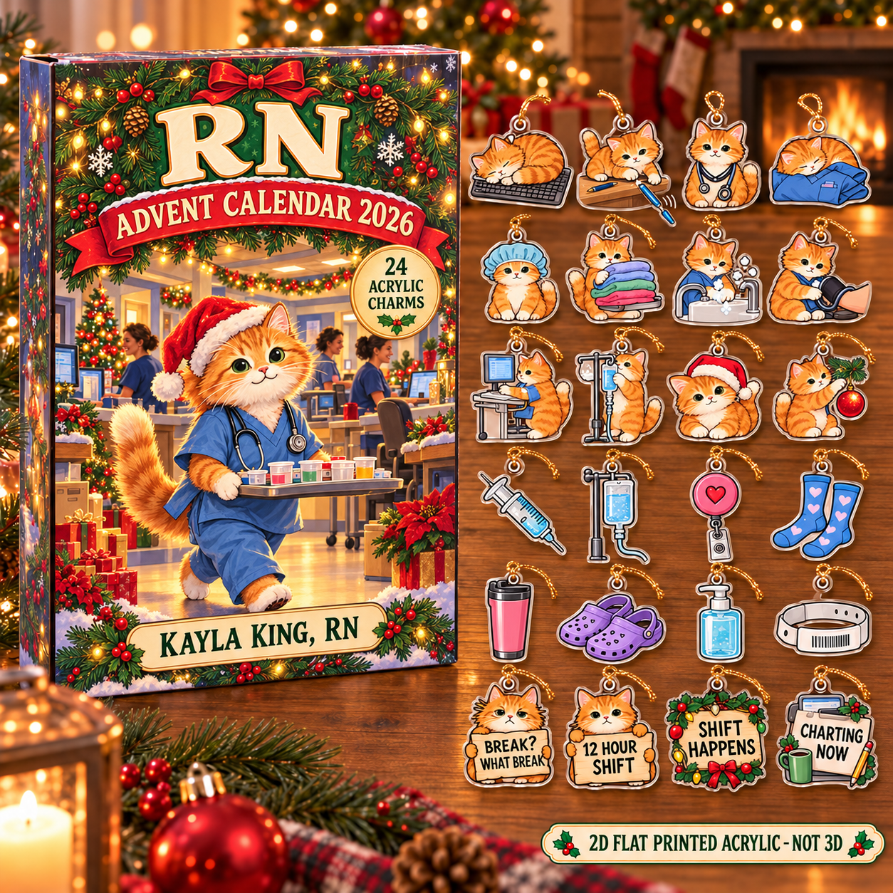 Personalized RN Cat advent calendar box with 24 flat acrylic Christmas charms