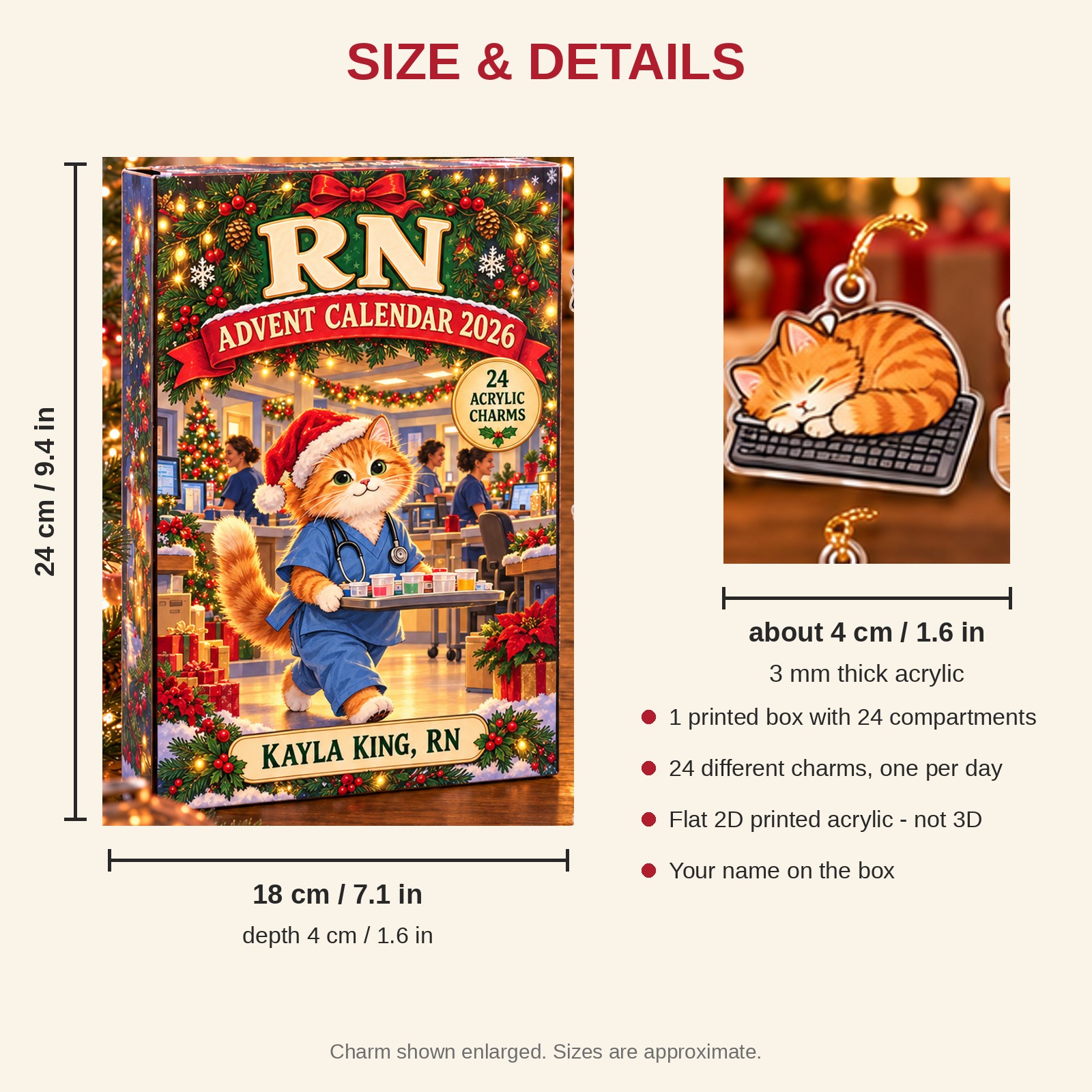 Personalized RN Cat advent calendar box with 24 flat acrylic Christmas charms: box and charm sizes
