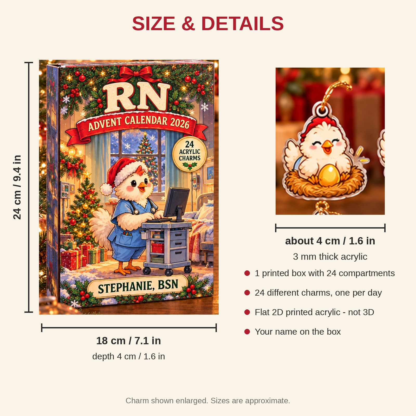 Personalized RN Chicken advent calendar box with 24 flat acrylic Christmas charms: box and charm sizes