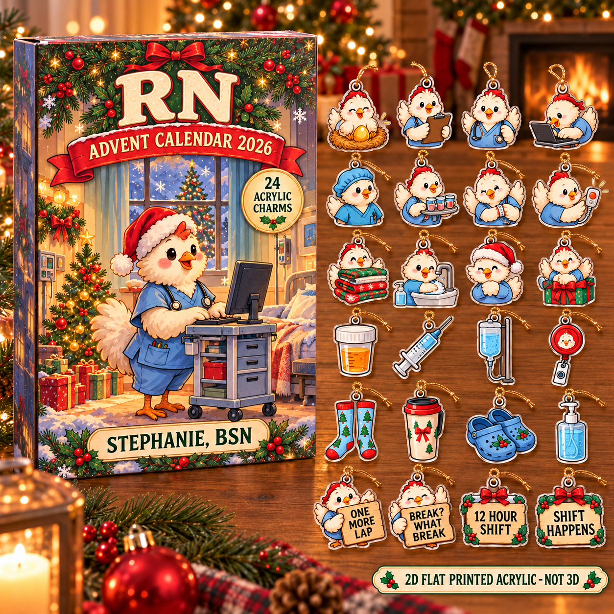 Personalized RN Chicken advent calendar box with 24 flat acrylic Christmas charms