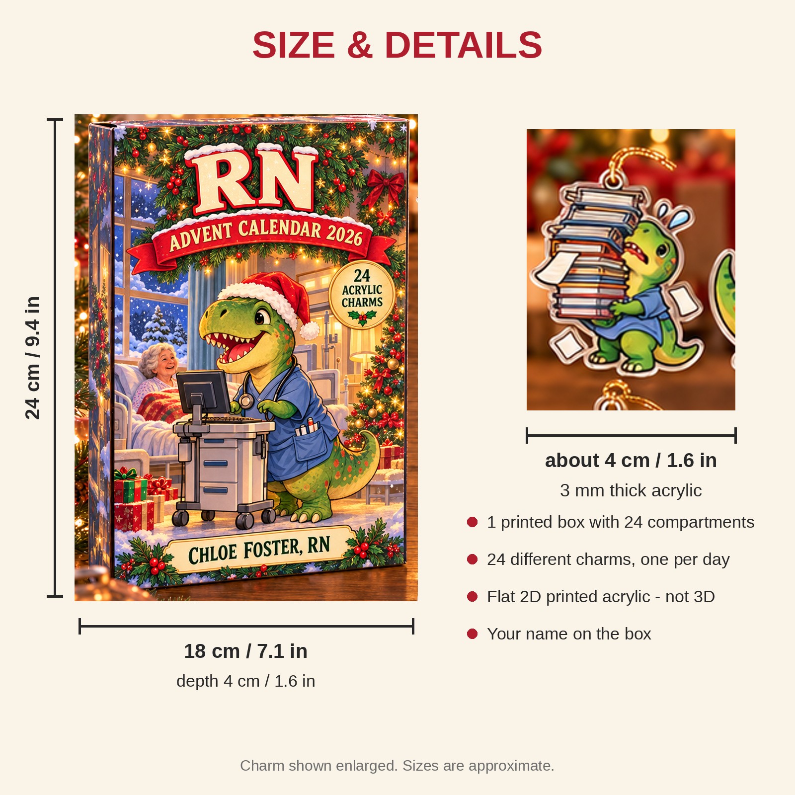 Personalized RN Dinosaur advent calendar box with 24 flat acrylic Christmas charms: box and charm sizes