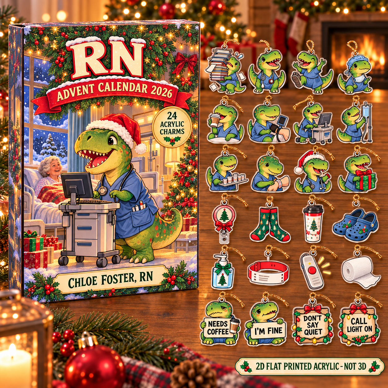 Personalized RN Dinosaur advent calendar box with 24 flat acrylic Christmas charms