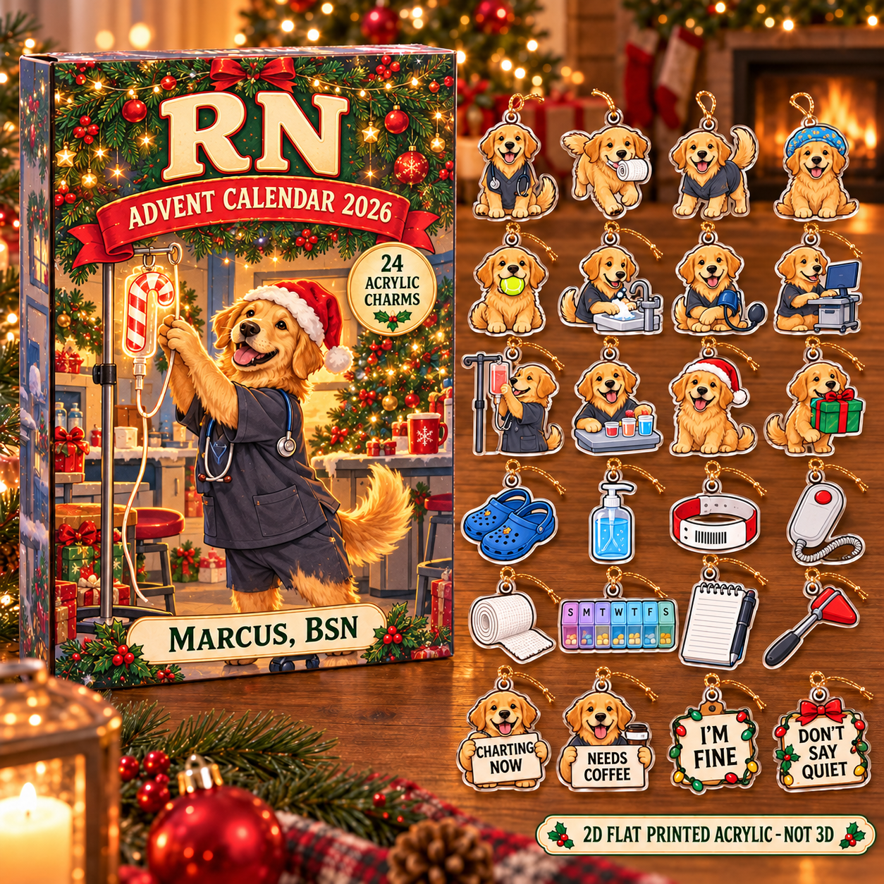 Personalized RN Dog advent calendar box with 24 flat acrylic Christmas charms