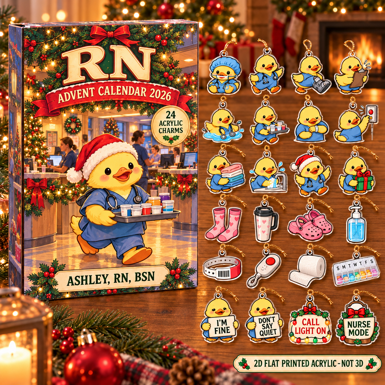 Personalized RN Duck advent calendar box with 24 flat acrylic Christmas charms