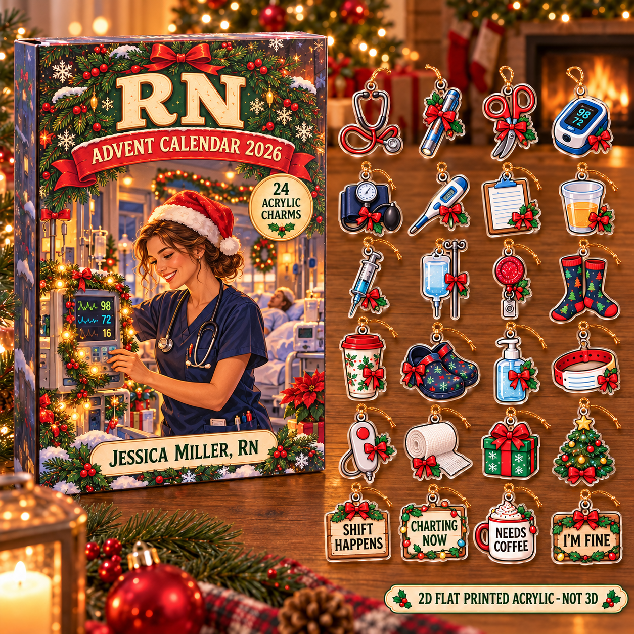 Personalized RN Essentials advent calendar box with 24 flat acrylic Christmas charms
