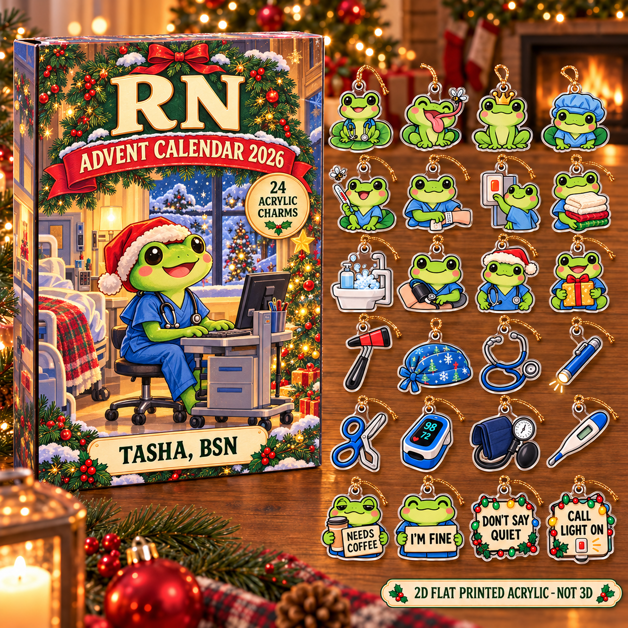 Personalized RN Frog advent calendar box with 24 flat acrylic Christmas charms