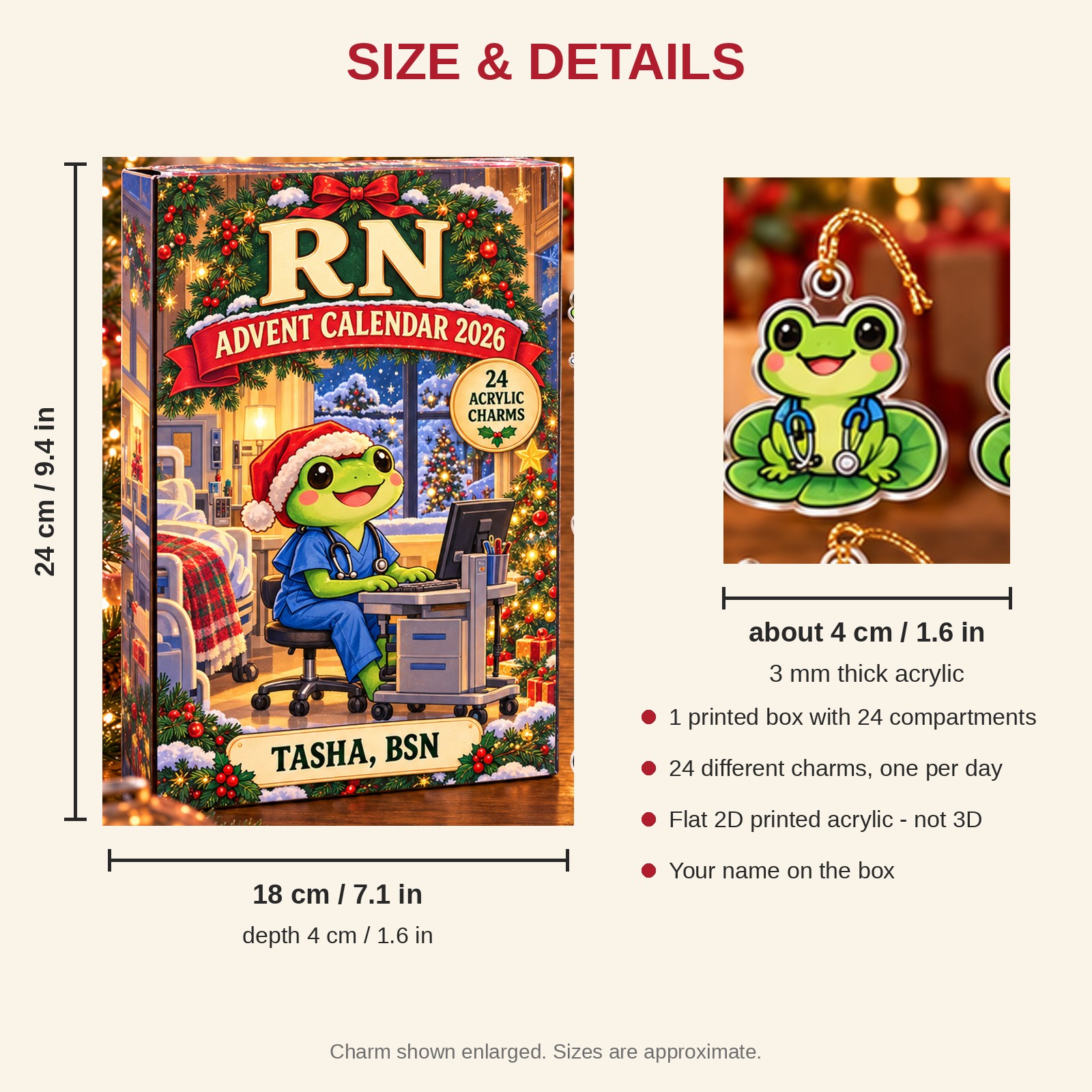 Personalized RN Frog advent calendar box with 24 flat acrylic Christmas charms: box and charm sizes
