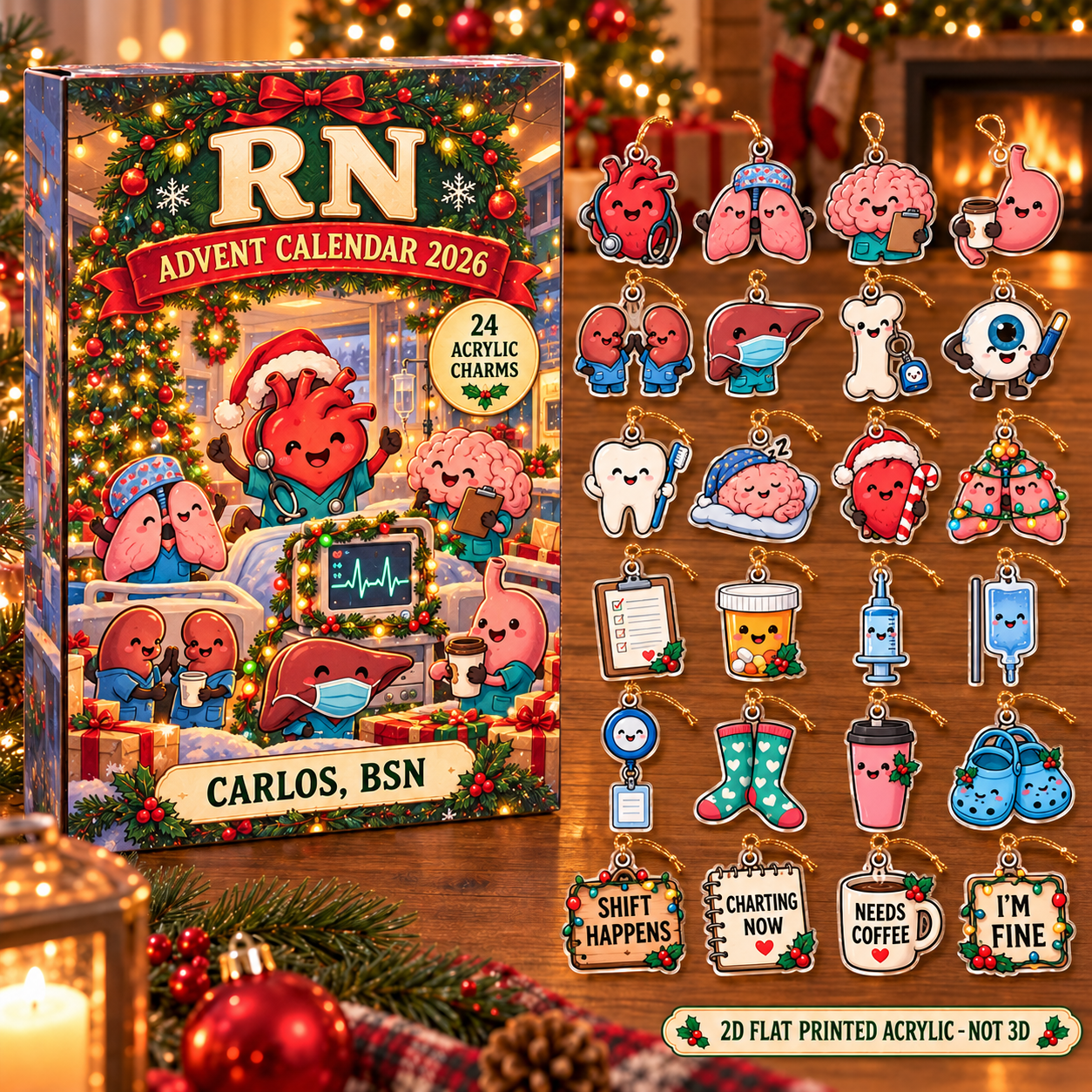 Personalized Funny Anatomy RN advent calendar box with 24 flat acrylic Christmas charms