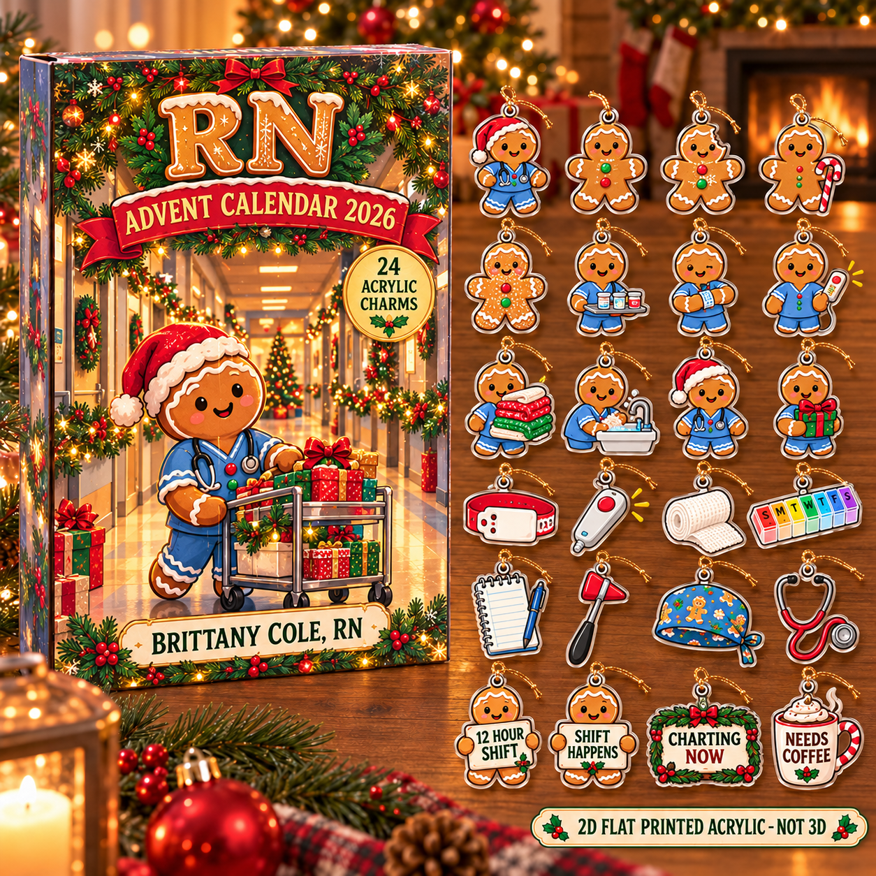 Personalized Gingerbread RN advent calendar box with 24 flat acrylic Christmas charms