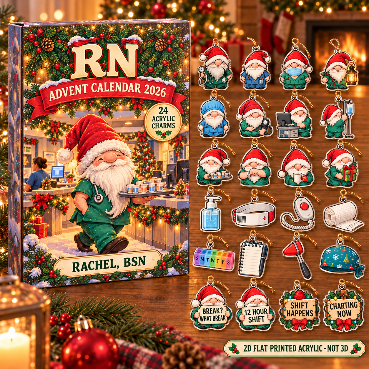 Personalized Gnome RN advent calendar box with 24 flat acrylic Christmas charms