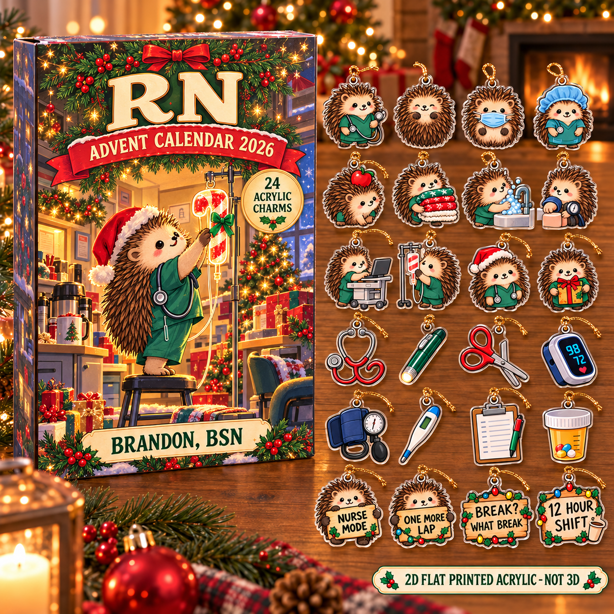 Personalized RN Hedgehog advent calendar box with 24 flat acrylic Christmas charms