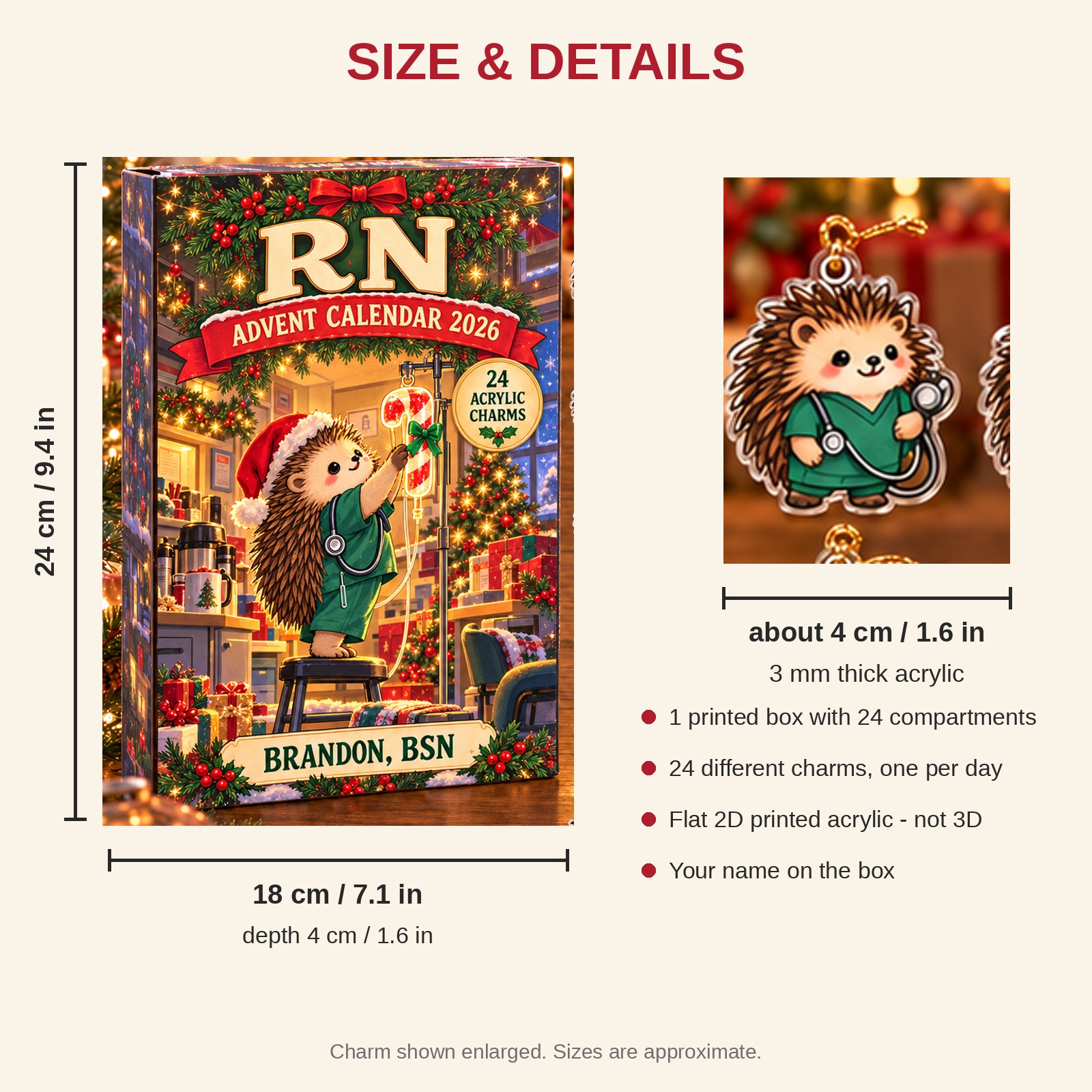 Personalized RN Hedgehog advent calendar box with 24 flat acrylic Christmas charms: box and charm sizes