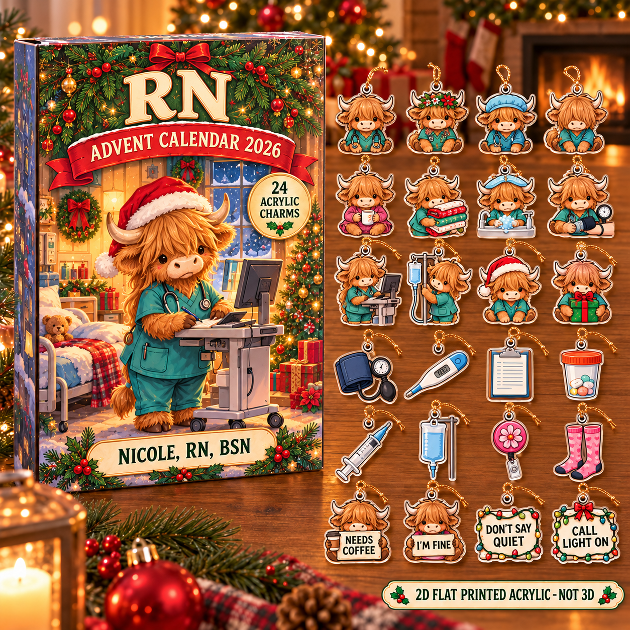 Personalized RN Highland Cow advent calendar box with 24 flat acrylic Christmas charms