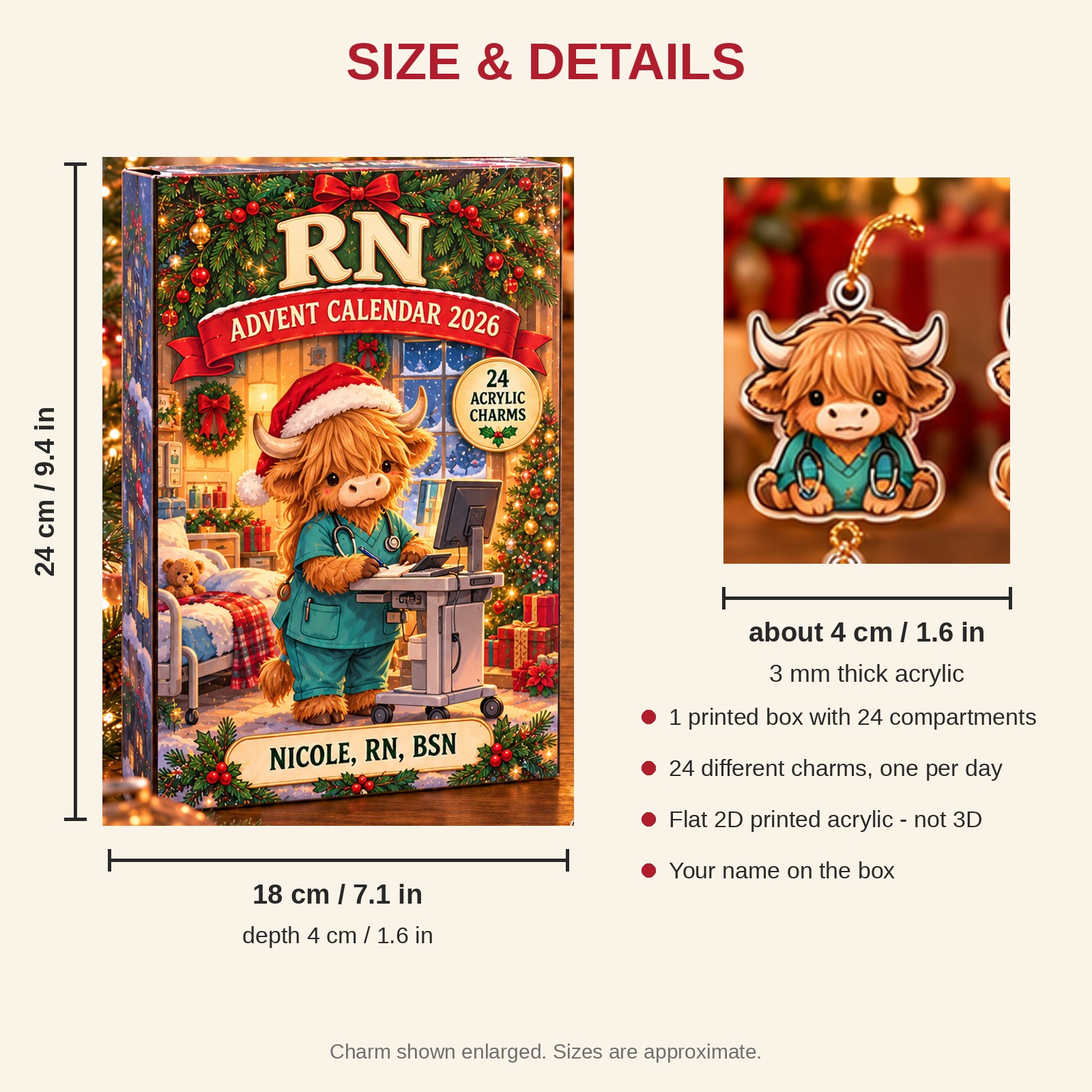 Personalized RN Highland Cow advent calendar box with 24 flat acrylic Christmas charms: box and charm sizes