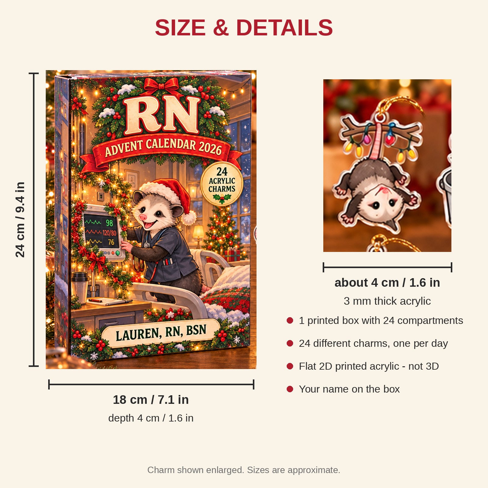 Personalized RN Opossum advent calendar box with 24 flat acrylic Christmas charms: box and charm sizes