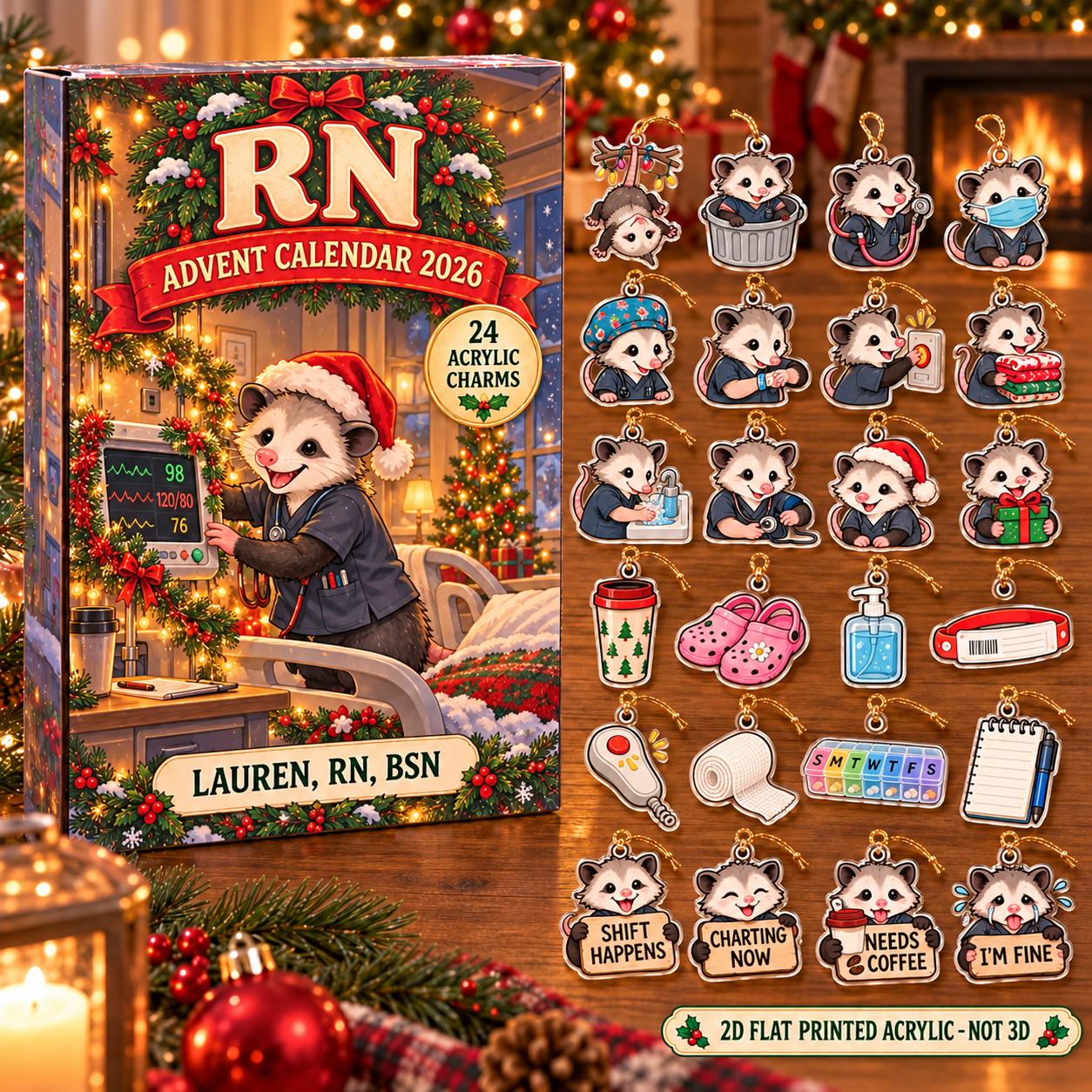Personalized RN Opossum advent calendar box with 24 flat acrylic Christmas charms