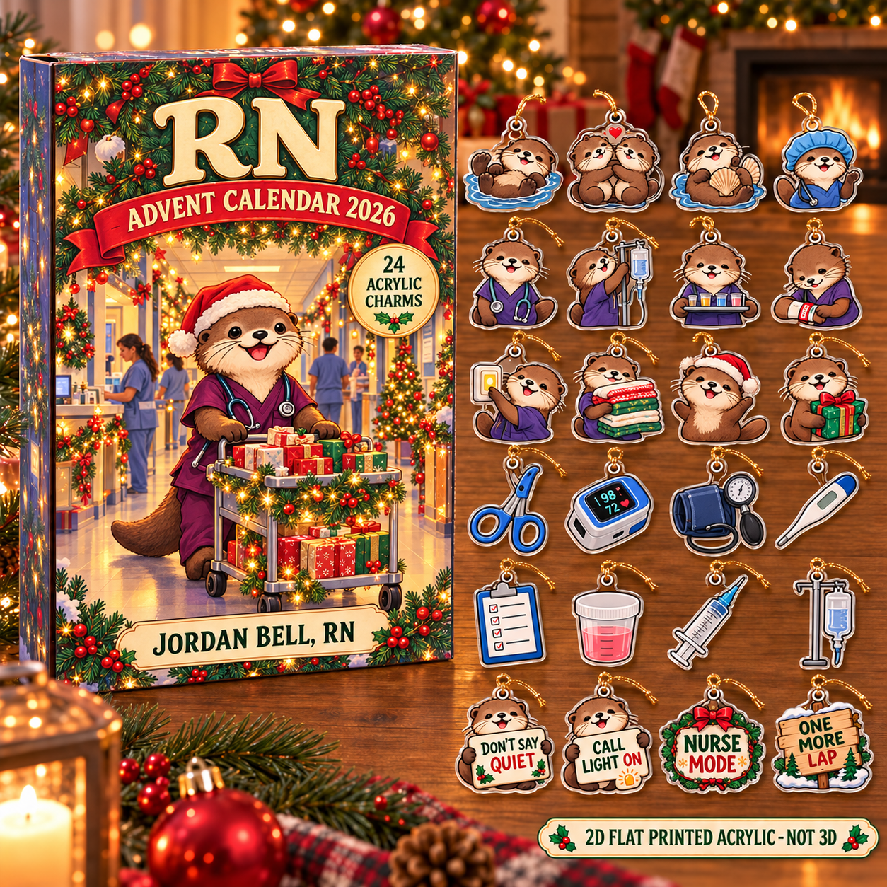 Personalized RN Otter advent calendar box with 24 flat acrylic Christmas charms