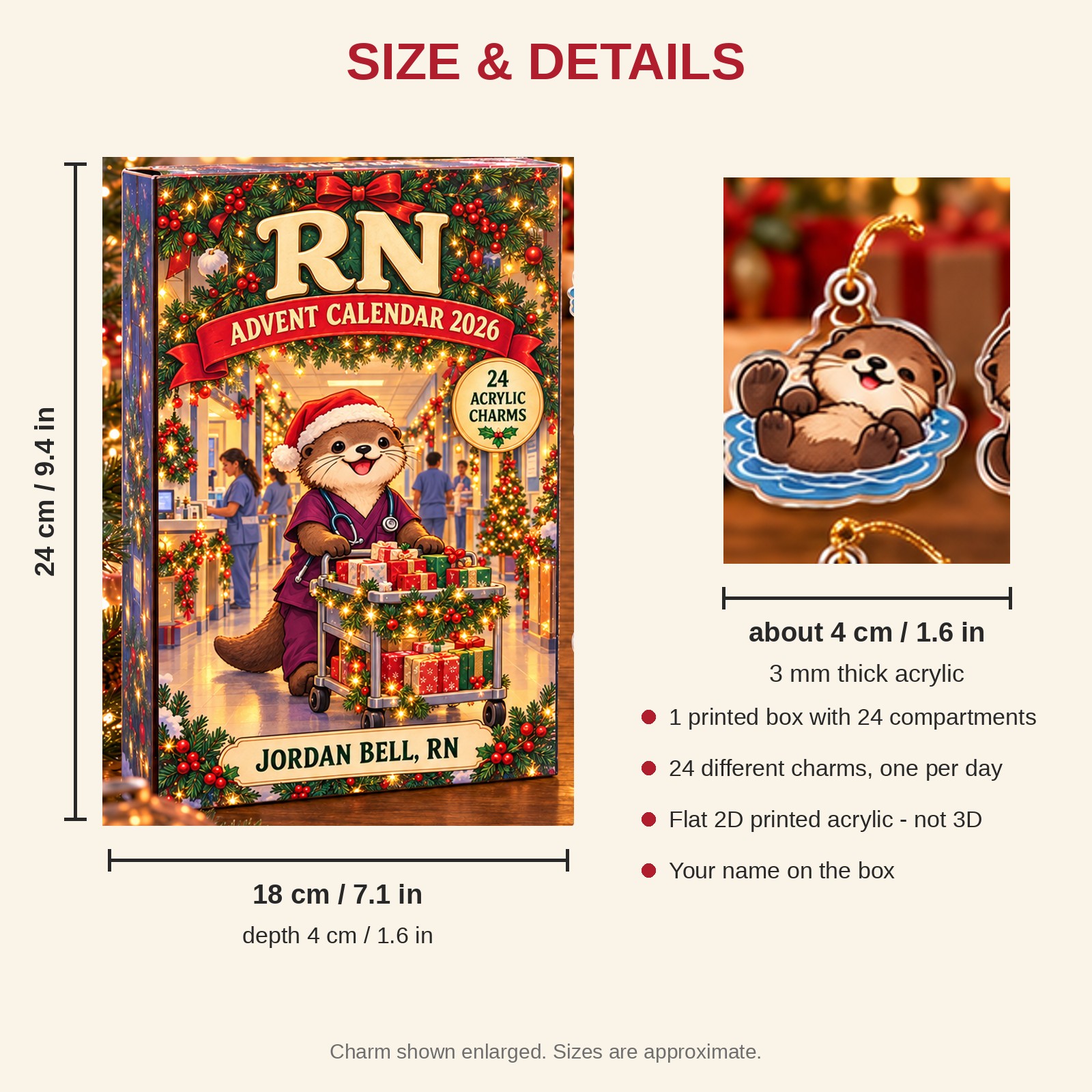 Personalized RN Otter advent calendar box with 24 flat acrylic Christmas charms: box and charm sizes