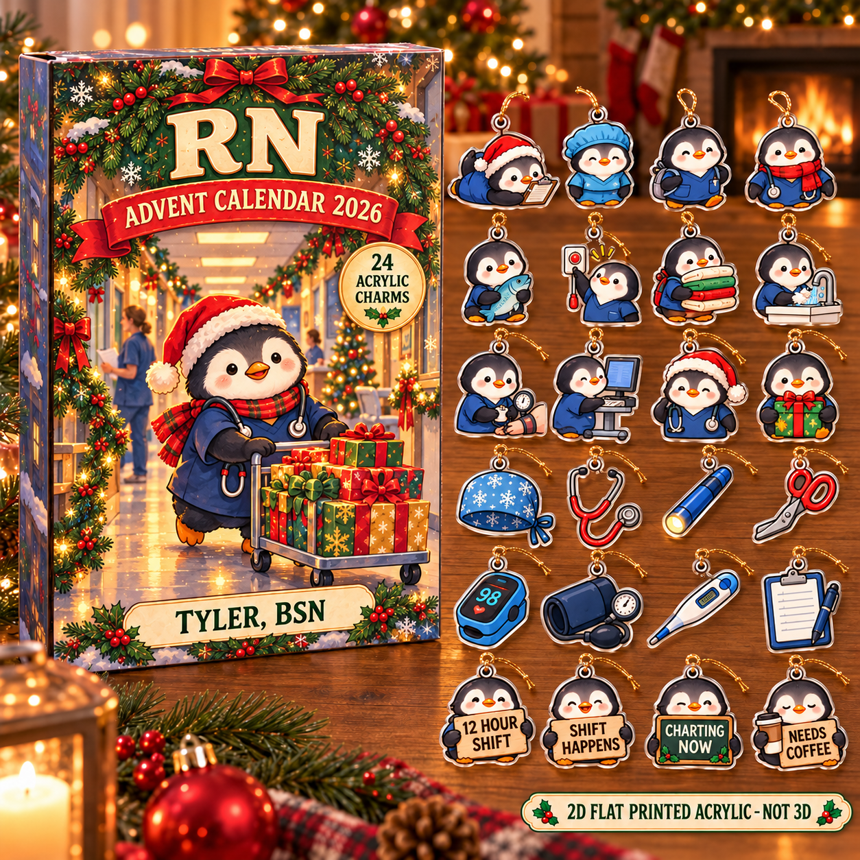 Personalized RN Penguin advent calendar box with 24 flat acrylic Christmas charms