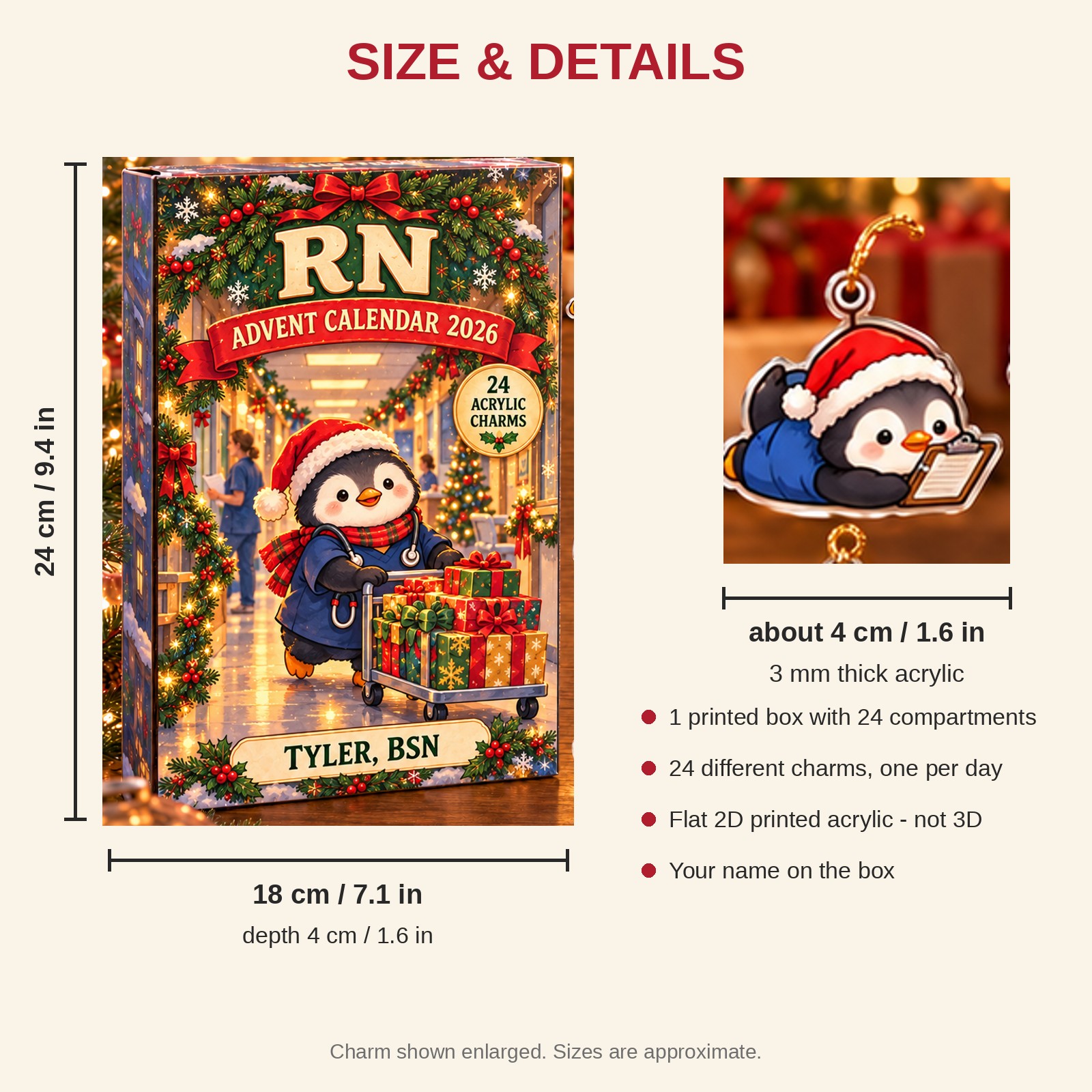 Personalized RN Penguin advent calendar box with 24 flat acrylic Christmas charms: box and charm sizes