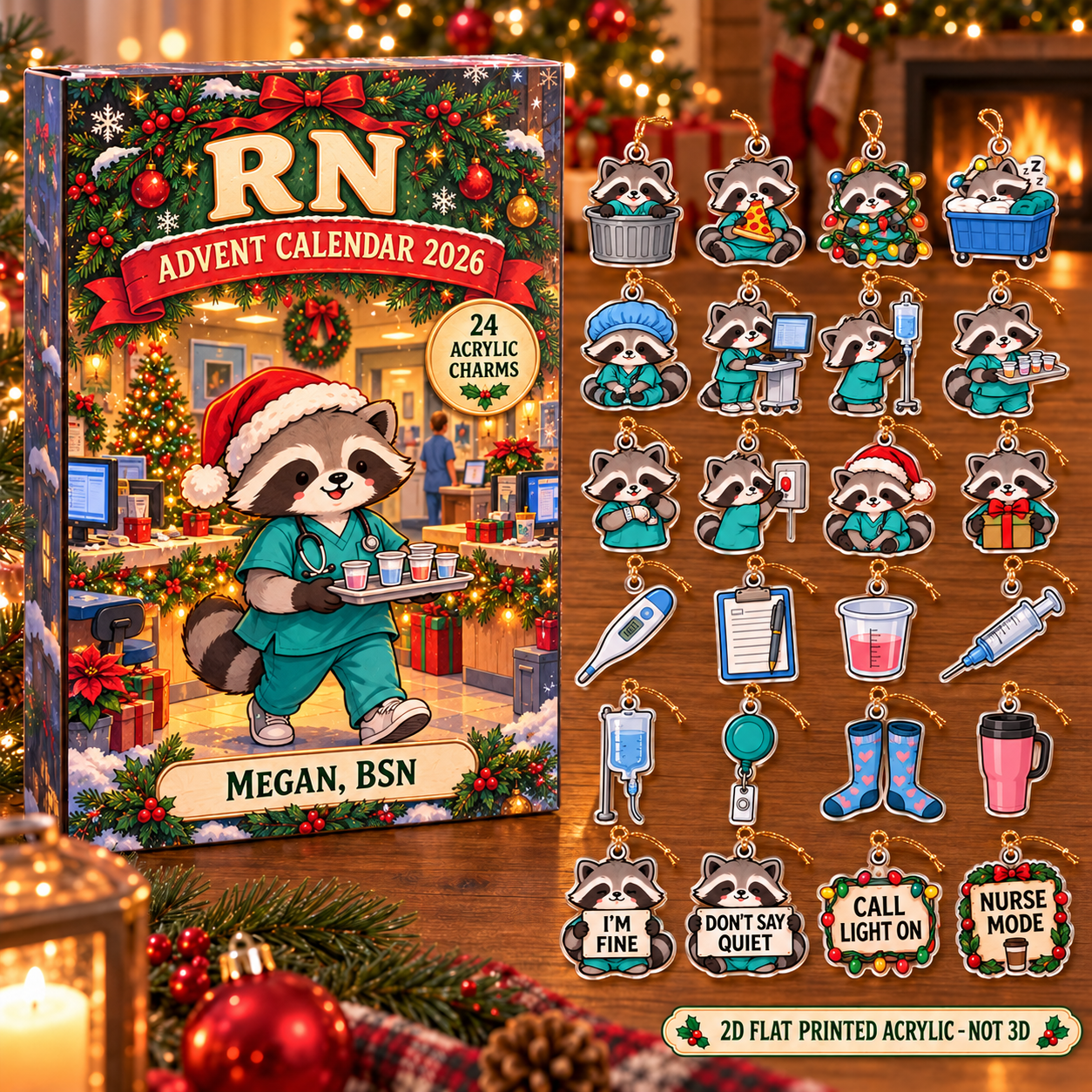 Personalized RN Raccoon advent calendar box with 24 flat acrylic Christmas charms