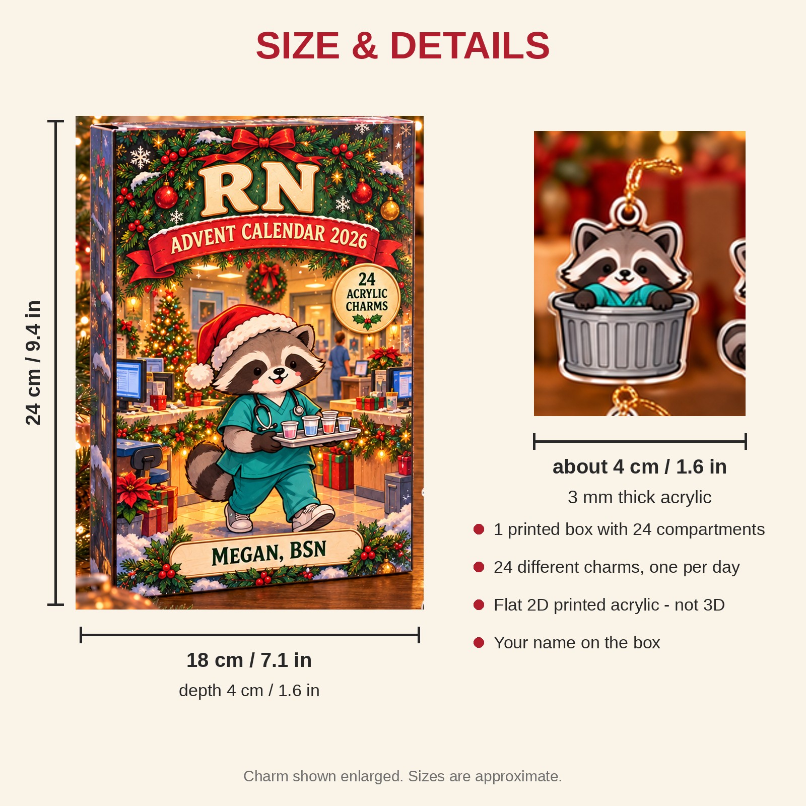 Personalized RN Raccoon advent calendar box with 24 flat acrylic Christmas charms: box and charm sizes