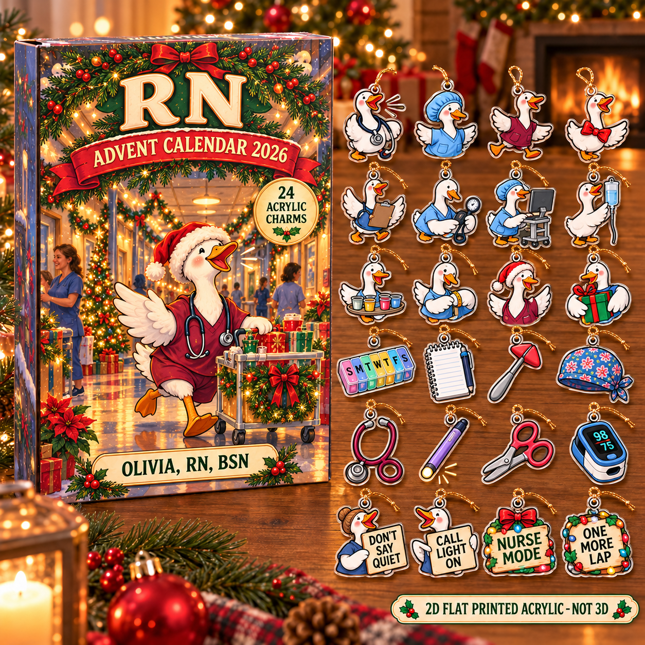 Personalized RN Silly Goose advent calendar box with 24 flat acrylic Christmas charms